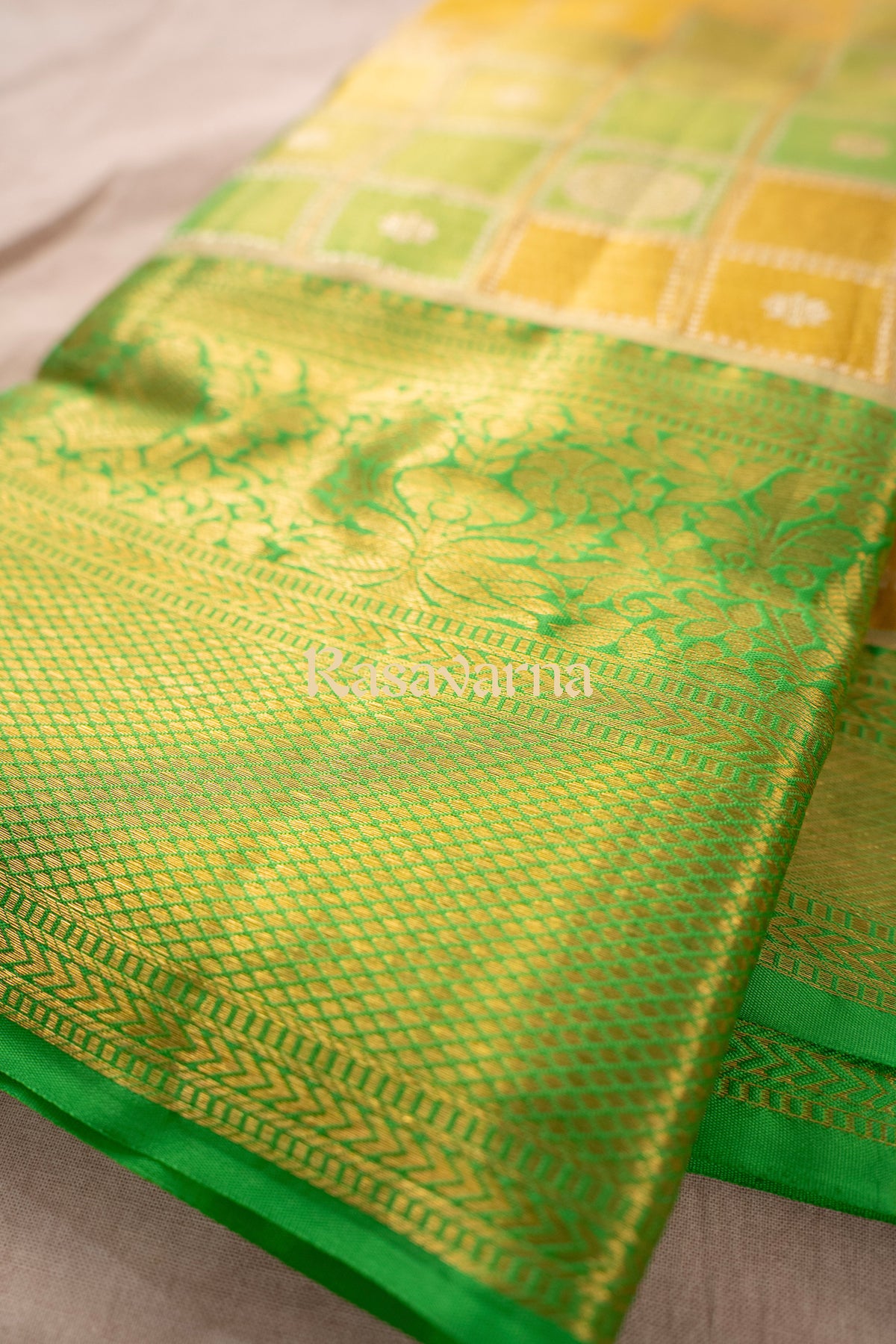 Yellow Pure Silk Kanchipuram Pattu Saree with Green Border
