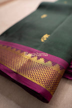 Dark Green Pure Silk Kanchipuram Pattu Saree with Onion Red Border