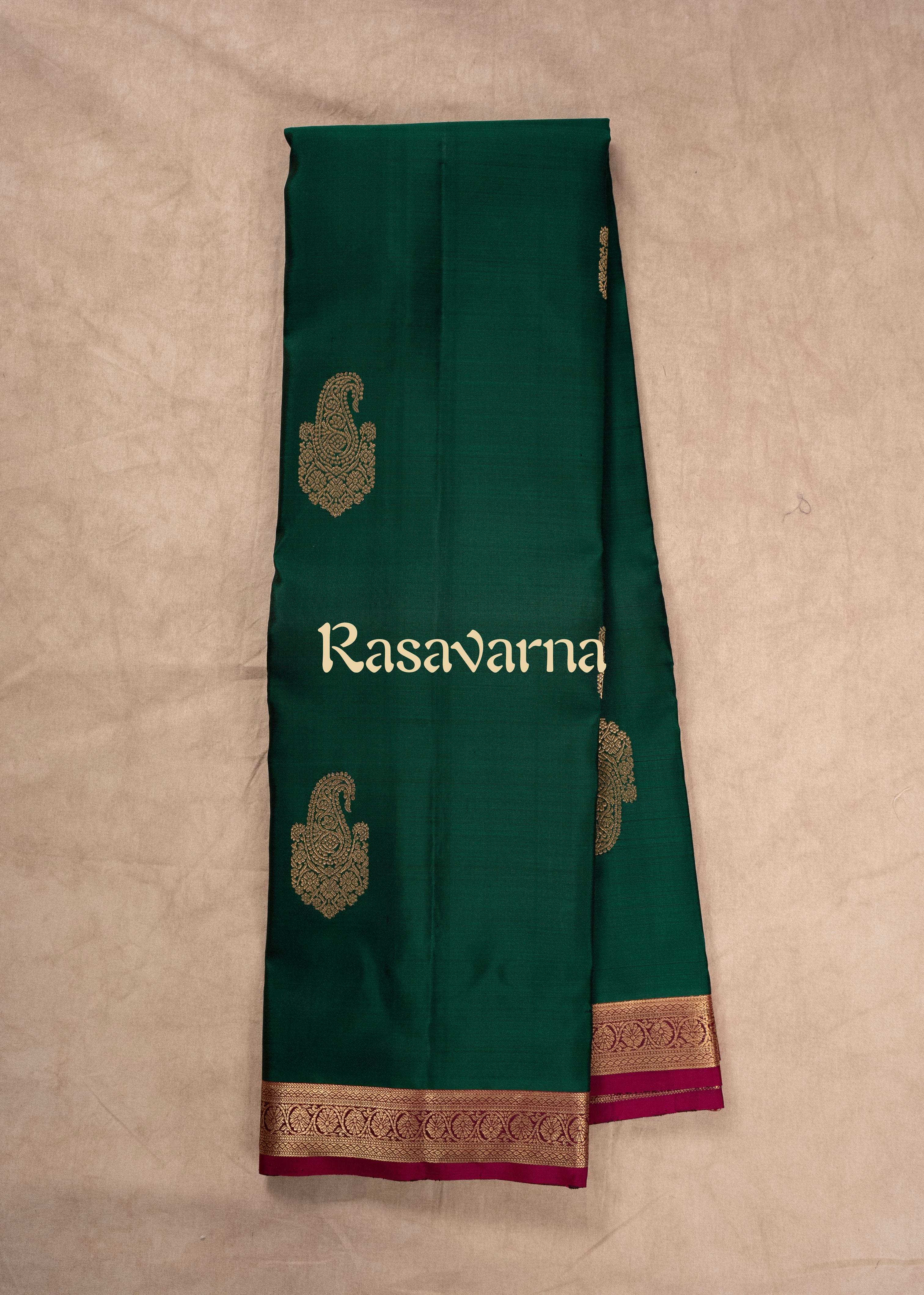 Bottle Green Pure Silk Kanchipuram Pattu Saree with Magenta Border