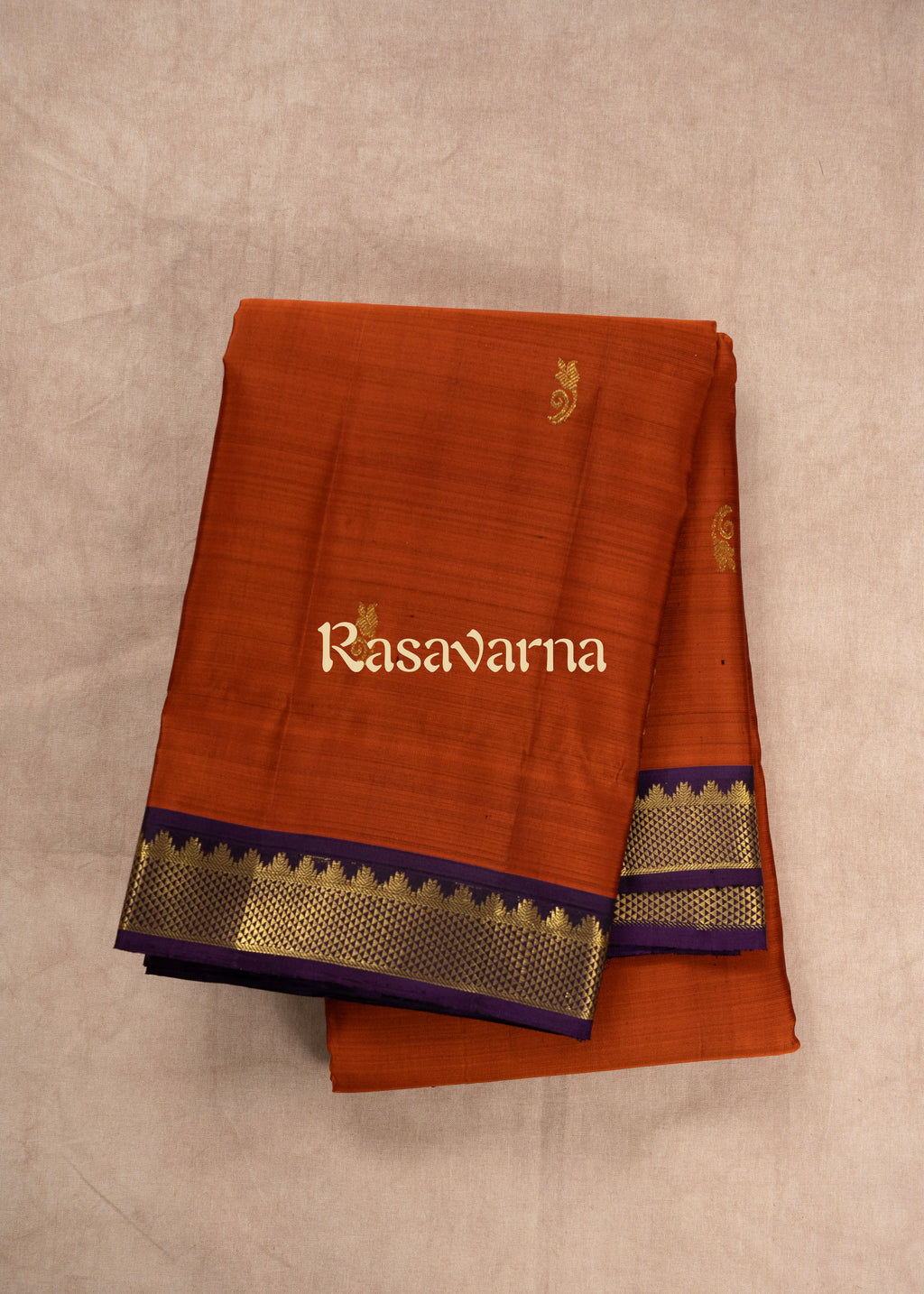 Rust Orange Pure Silk Kanchipuram Pattu Saree with Violet Border