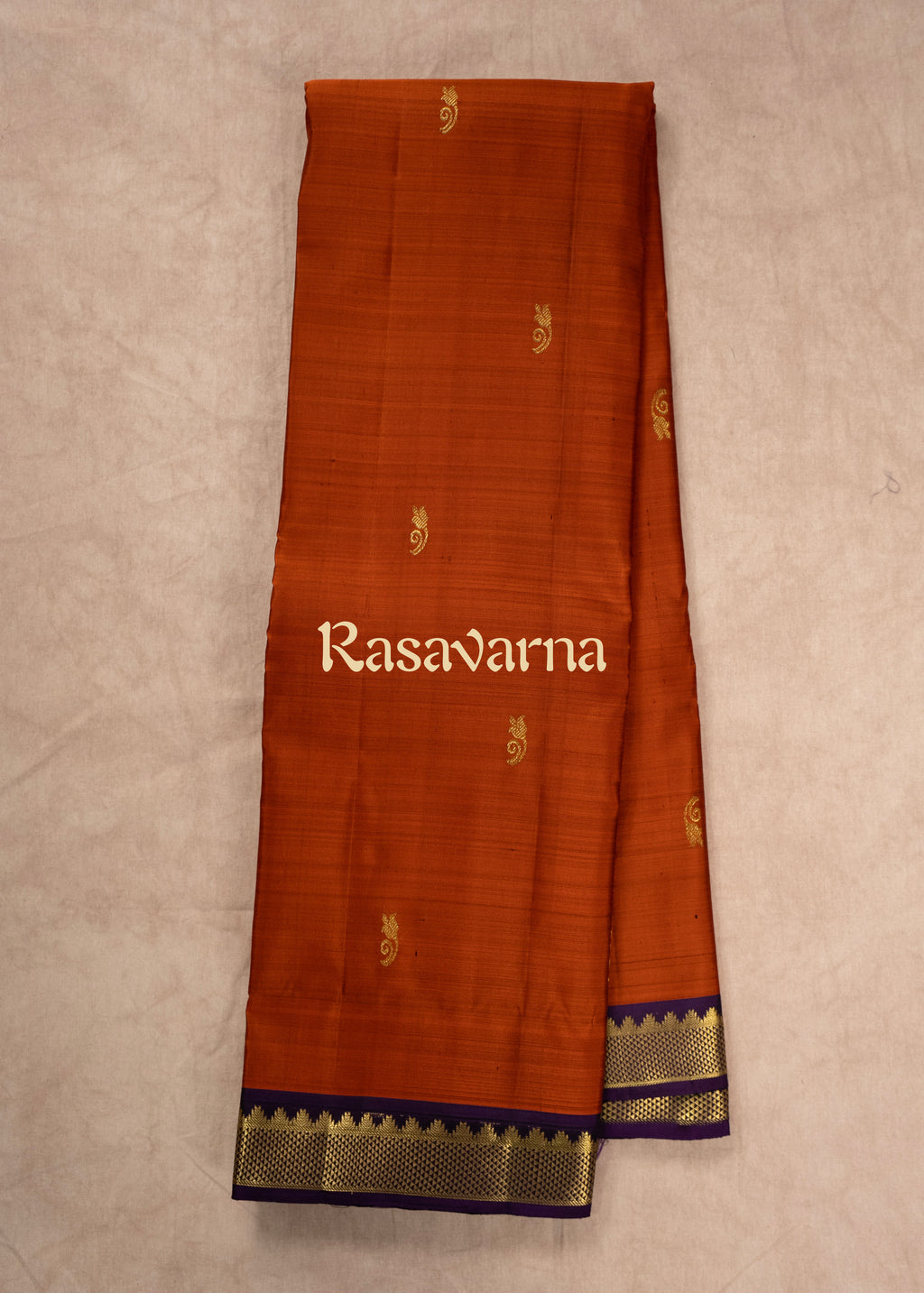 Rust Orange Pure Silk Kanchipuram Pattu Saree with Violet Border