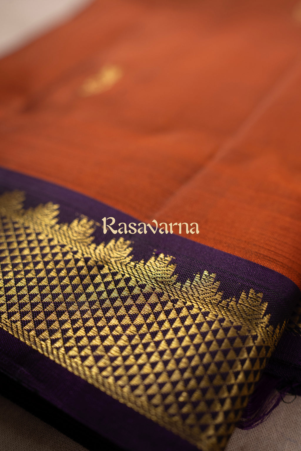 Rust Orange Pure Silk Kanchipuram Pattu Saree with Violet Border