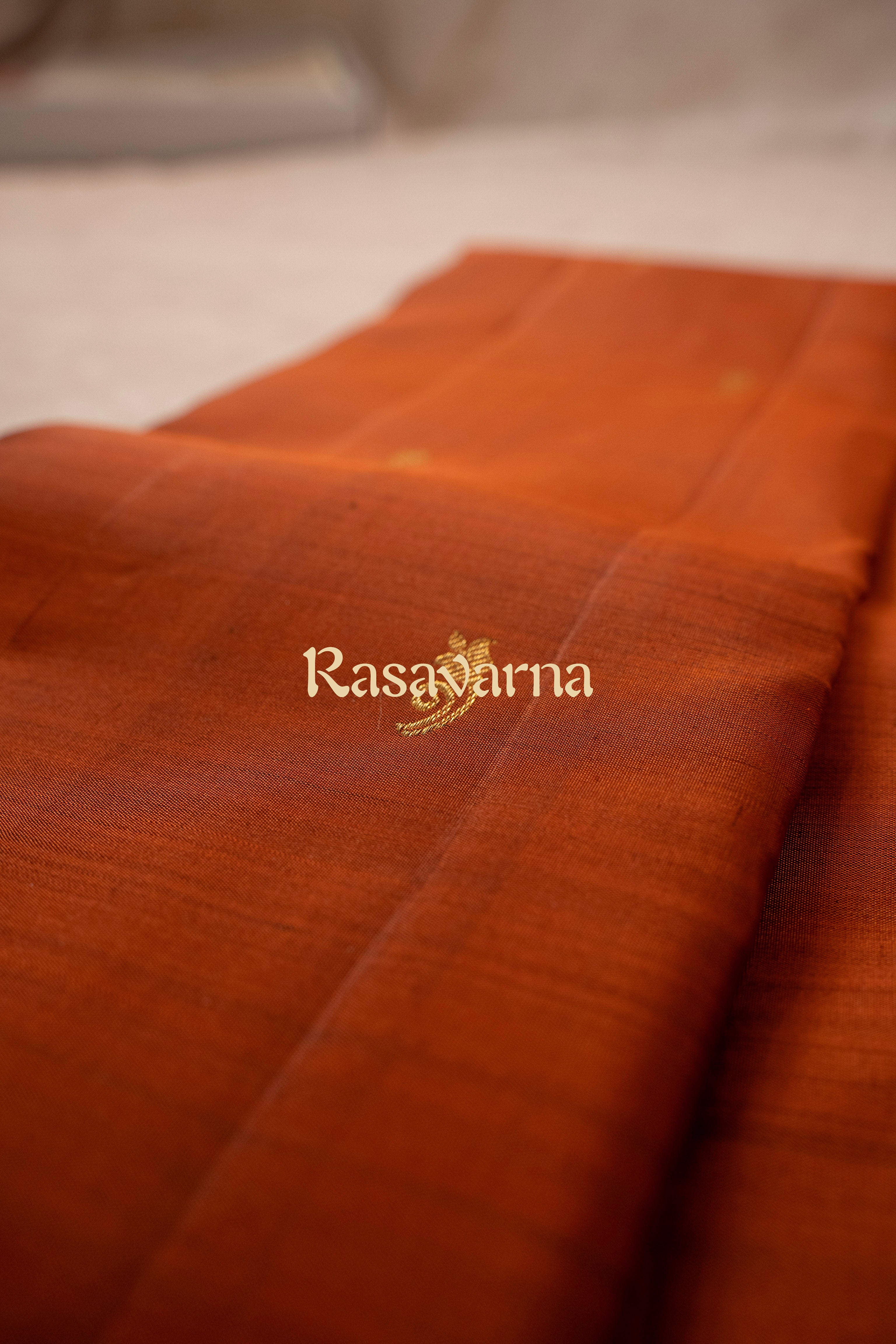 Rust Orange Pure Silk Kanchipuram Pattu Saree with Violet Border