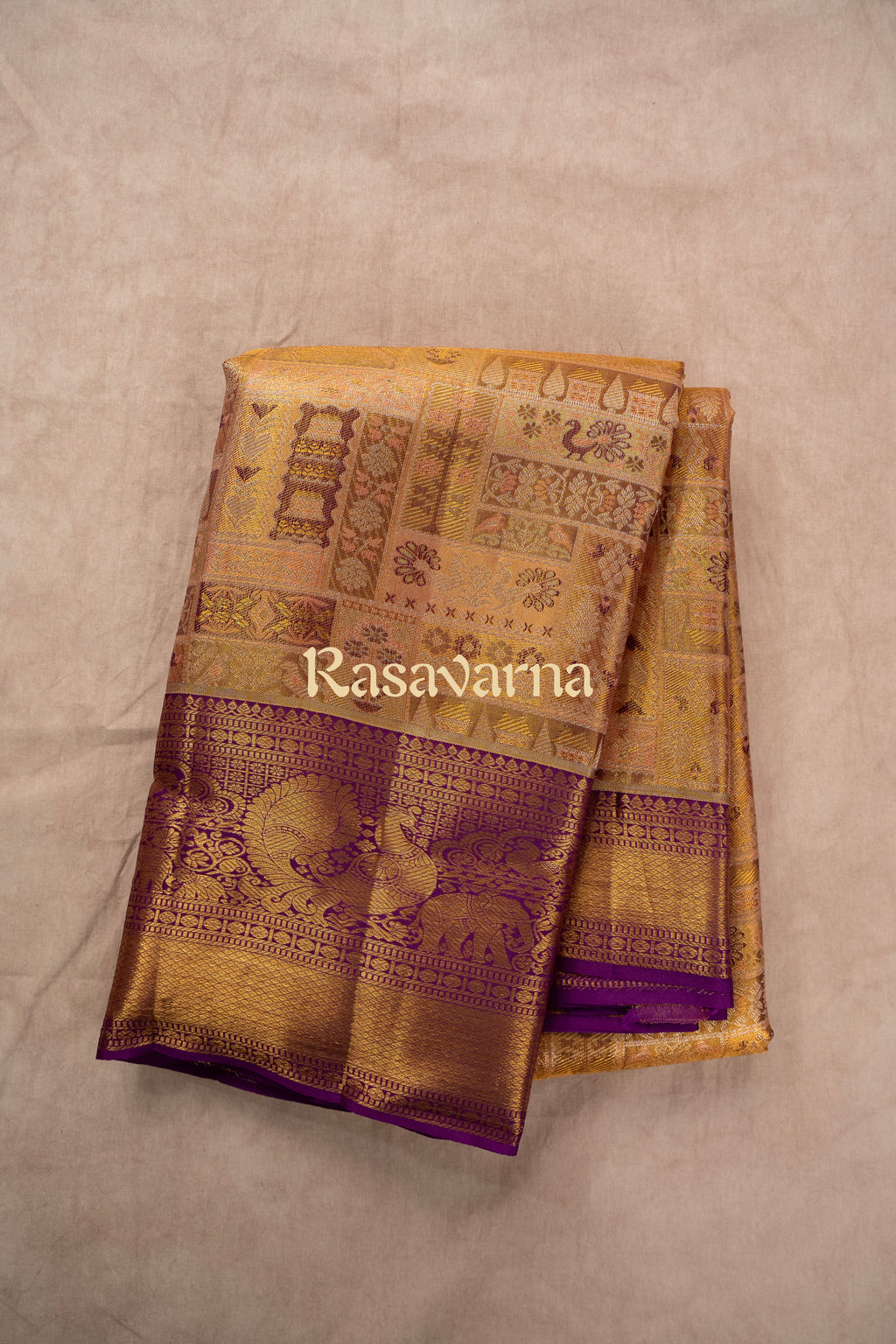 Gold Pure Silk Kanchipuram Pattu Saree with Purple Border