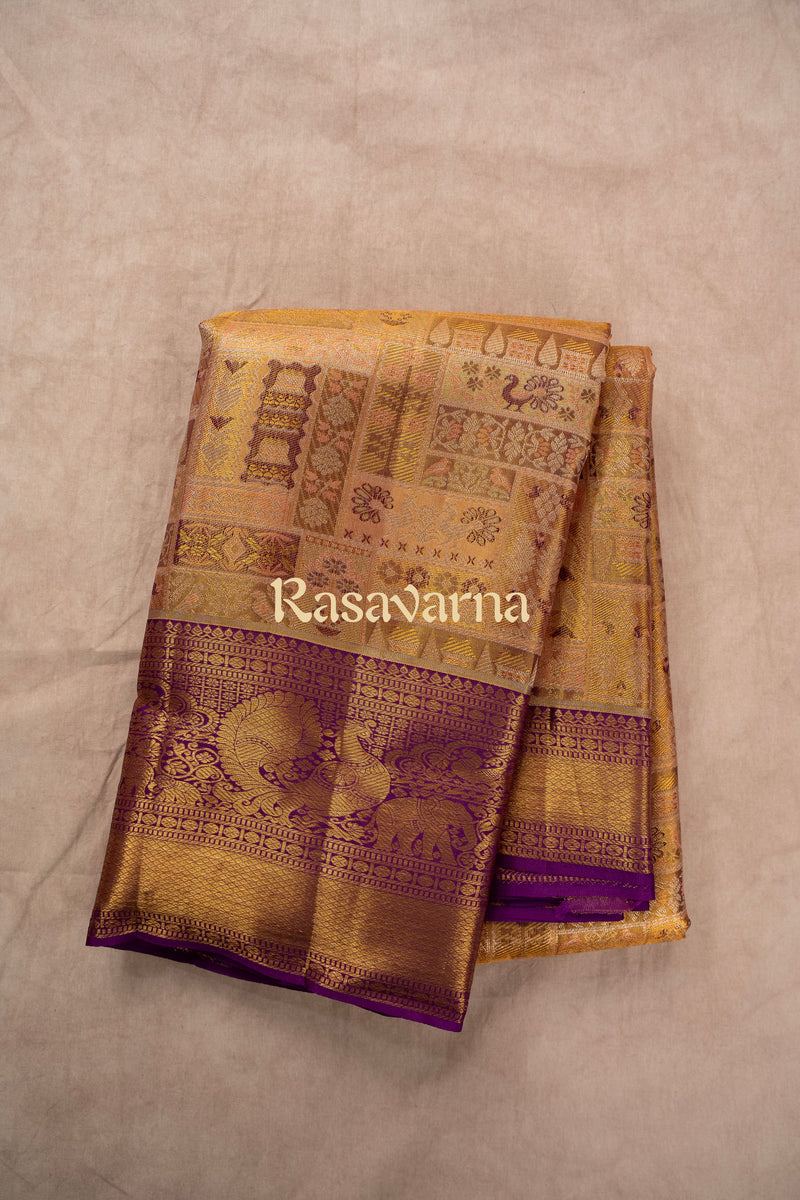 Gold Pure Silk Kanchipuram Pattu Saree with Purple Border