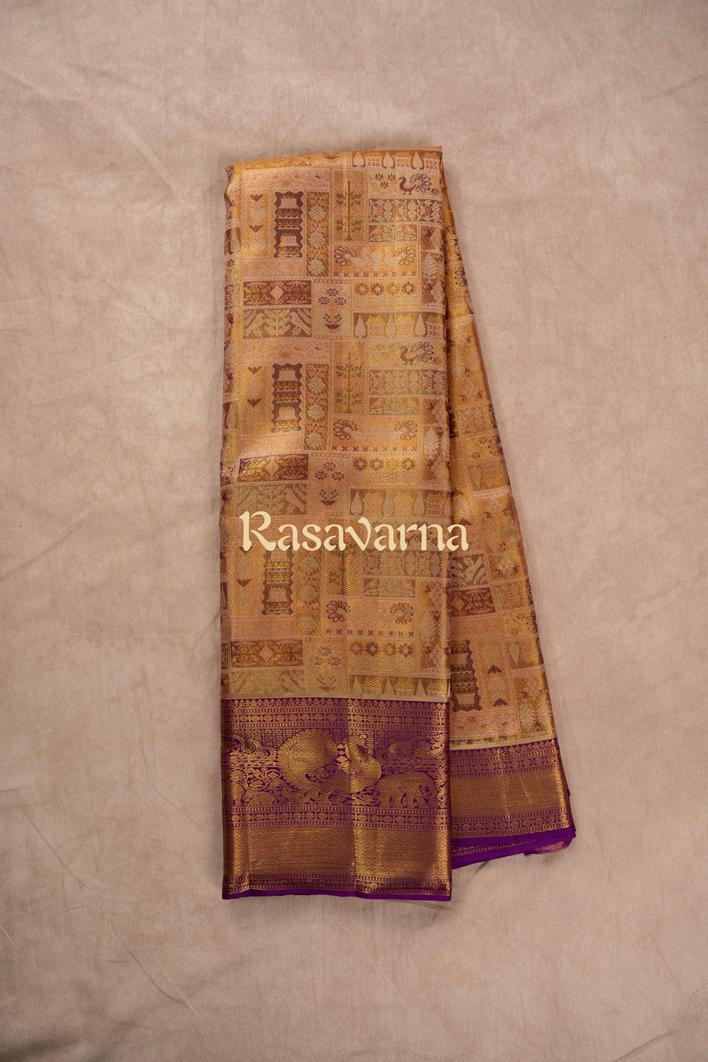 Gold Pure Silk Kanchipuram Pattu Saree with Purple Border