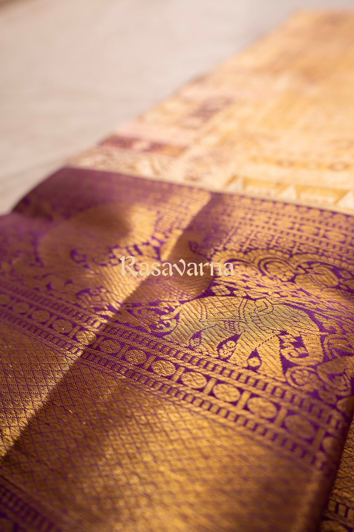 Gold Pure Silk Kanchipuram Pattu Saree with Purple Border