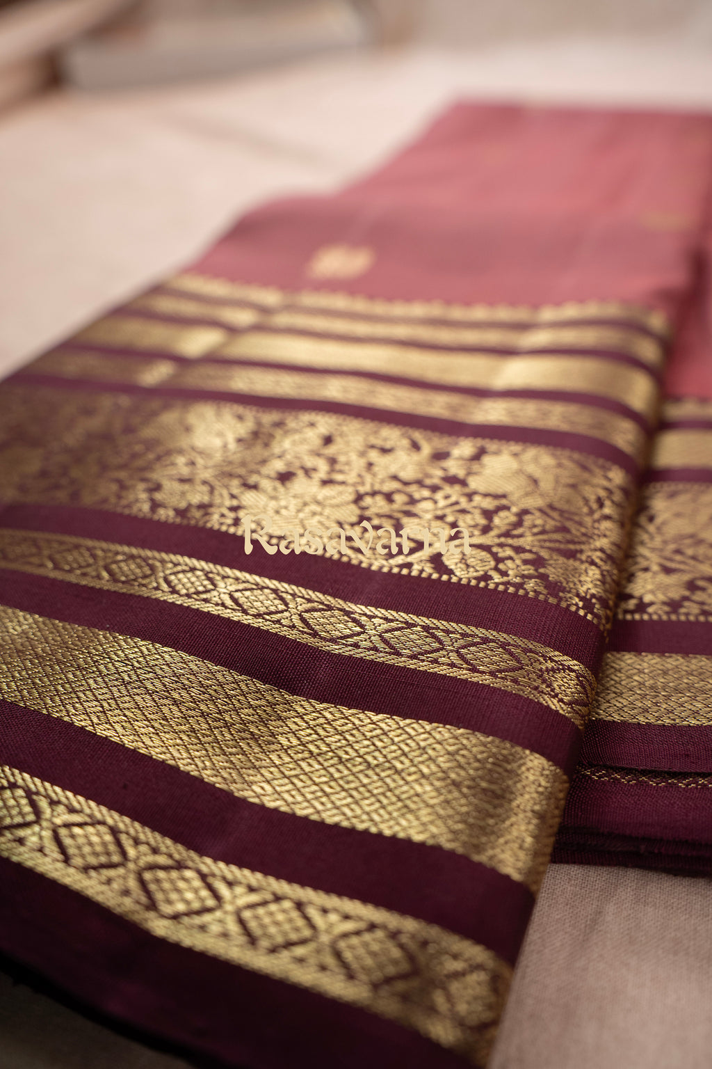 Rose Brown Pure Silk Kanchipuram Pattu Saree with Maroon Border
