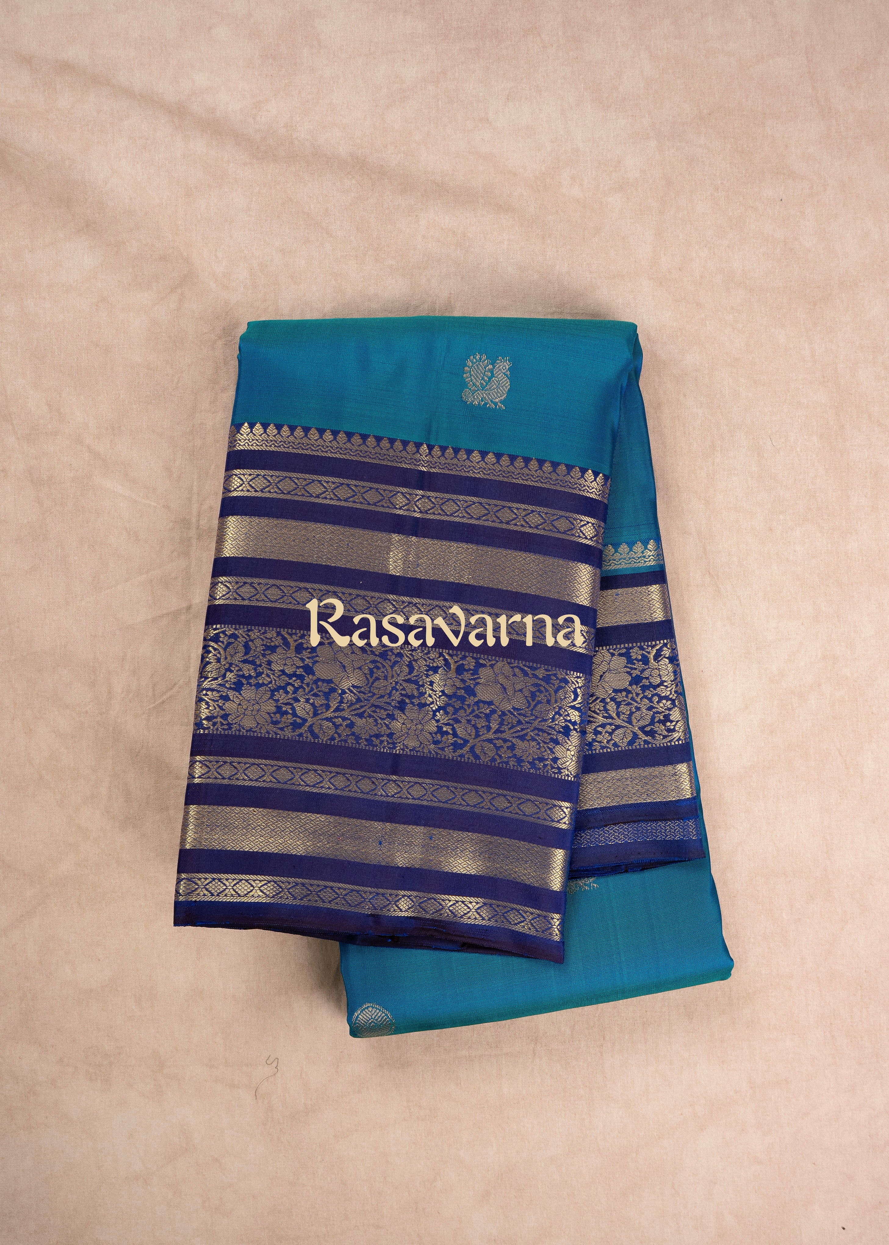 Peacock Blue Pure Silk Kanchipuram Pattu Saree with Navy Blue Border