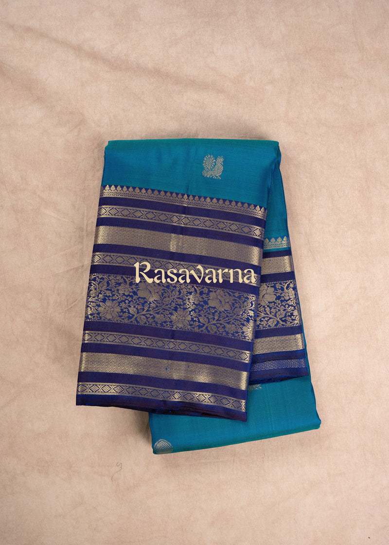 Peacock Blue Pure Silk Kanchipuram Pattu Saree with Navy Blue Border