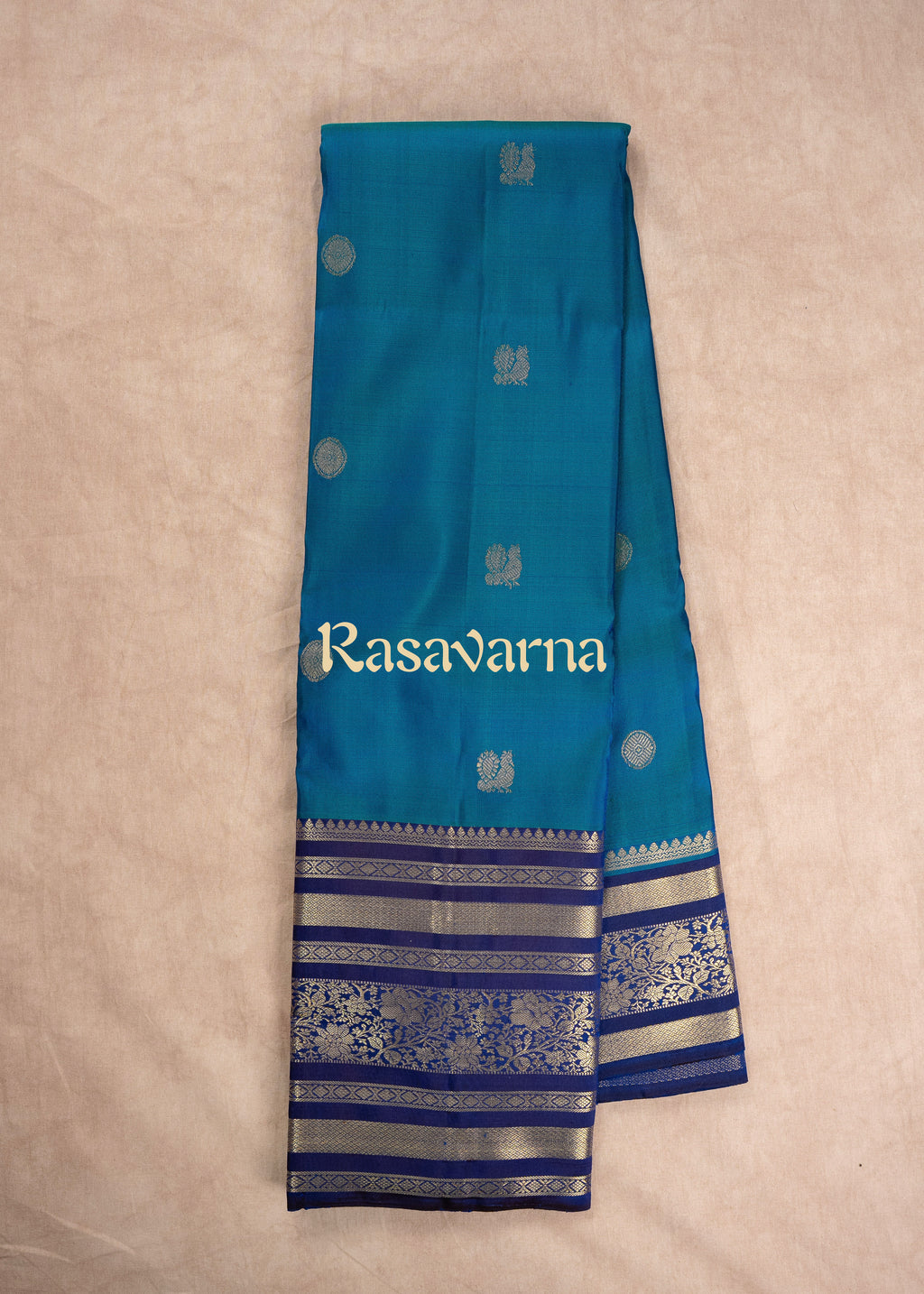 Peacock Blue Pure Silk Kanchipuram Pattu Saree with Navy Blue Border
