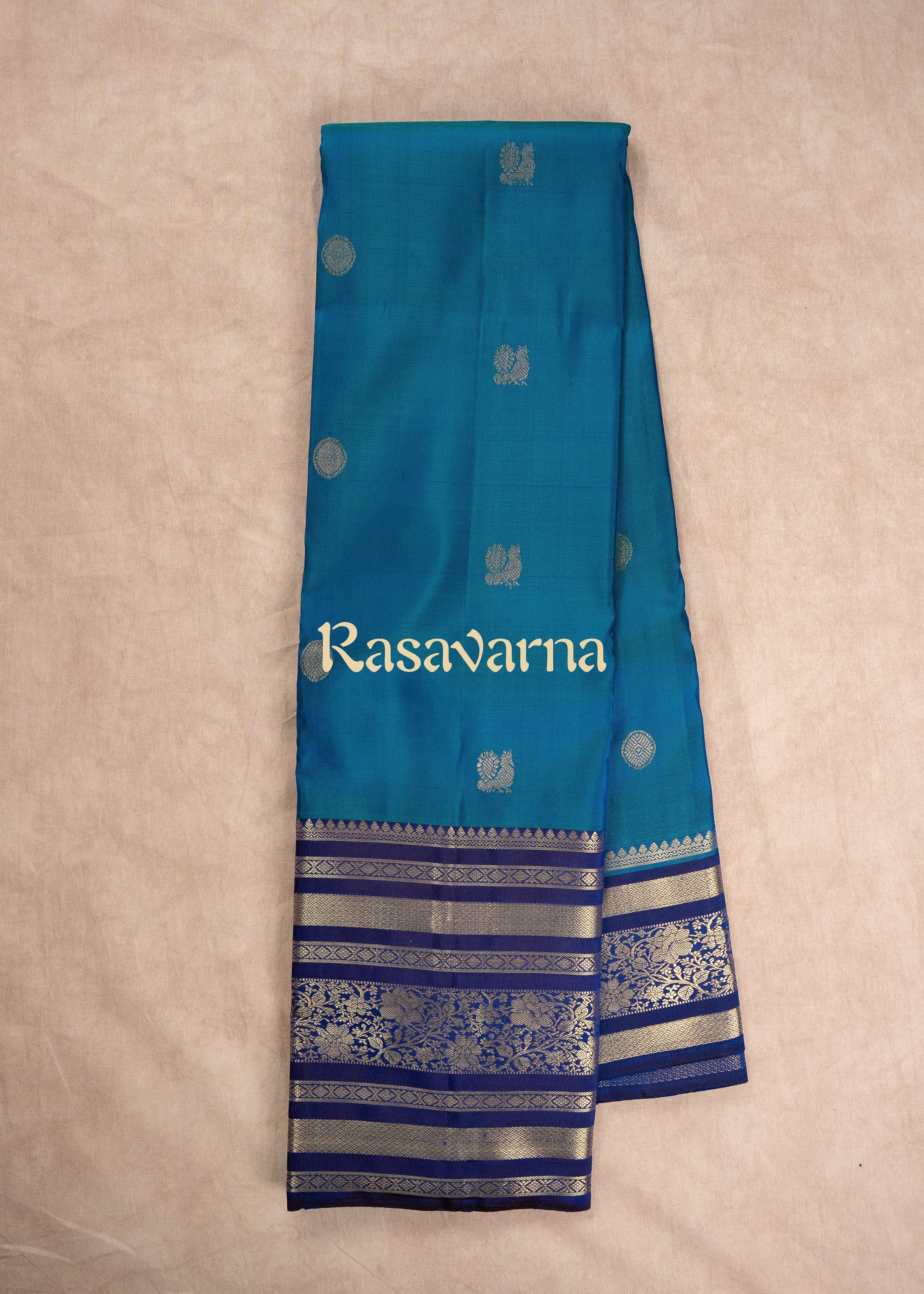 Peacock Blue Pure Silk Kanchipuram Pattu Saree with Navy Blue Border