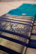 Peacock Blue Pure Silk Kanchipuram Pattu Saree with Navy Blue Border