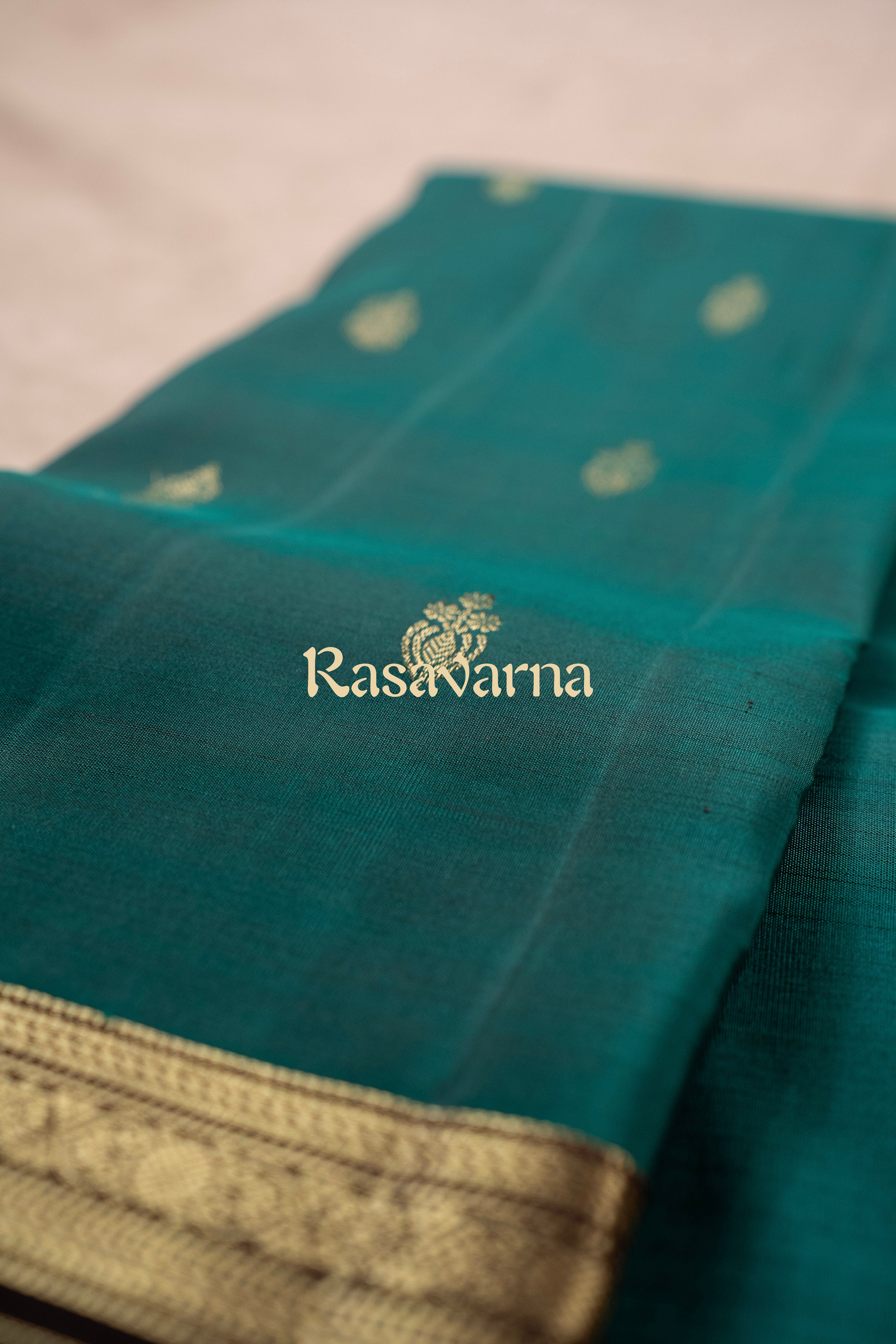 Rama Green Pure Silk Kanchipuram Pattu Saree with Chocolate Border