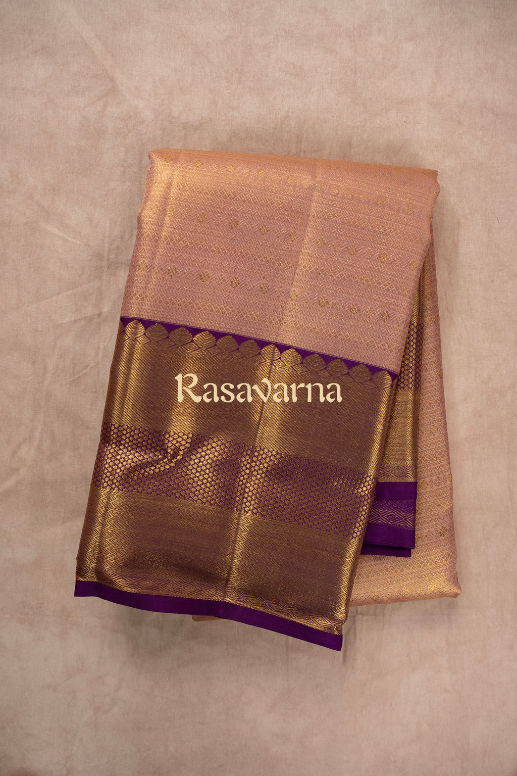 Rose Gold Pure Silk Kanchipuram Pattu Saree with Purple Border