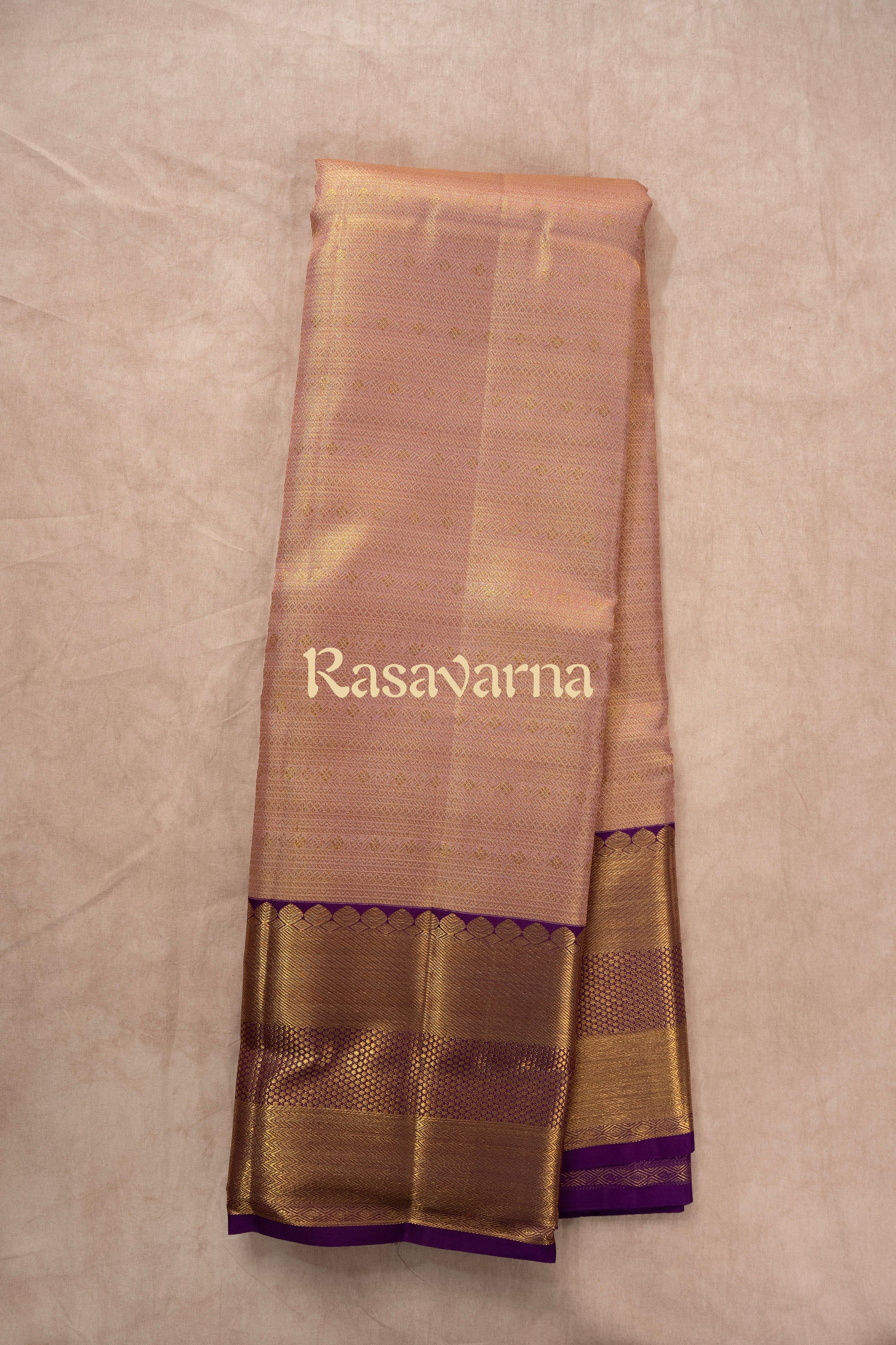 Rose Gold Pure Silk Kanchipuram Pattu Saree with Purple Border