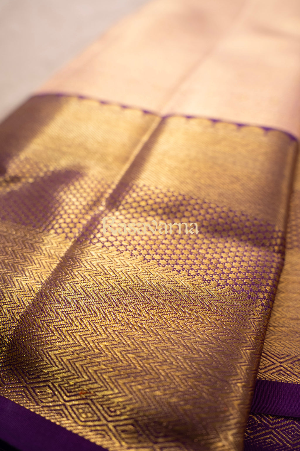 Rose Gold Pure Silk Kanchipuram Pattu Saree with Purple Border
