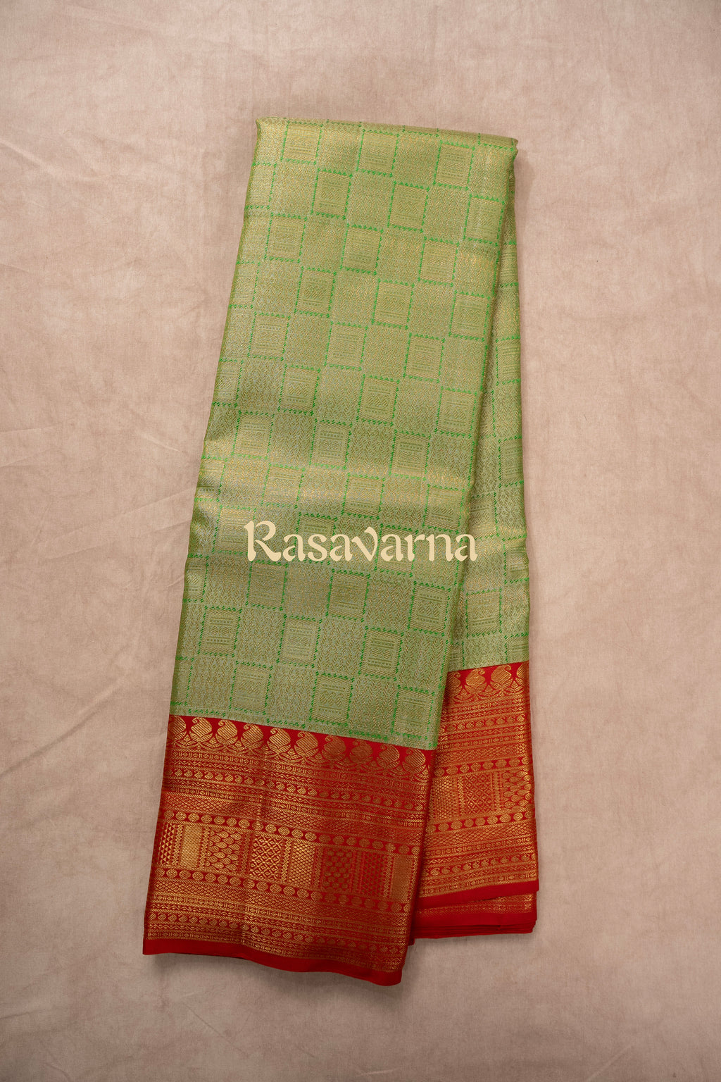 Pista Green Pure Silk Kanchipuram Pattu Saree with Red Border