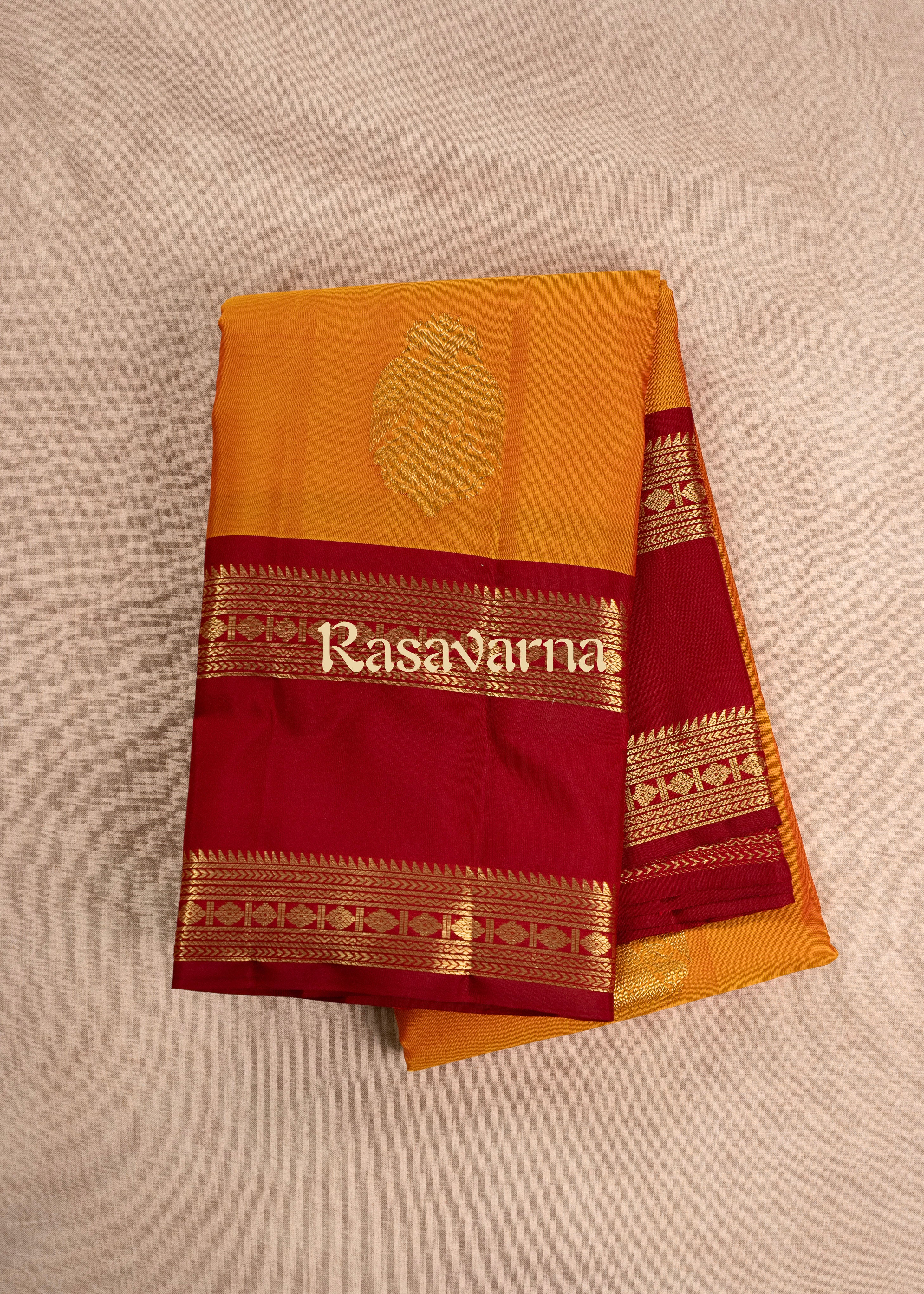 Gold Pure Silk Kanchipuram Pattu Saree with Maroon Border