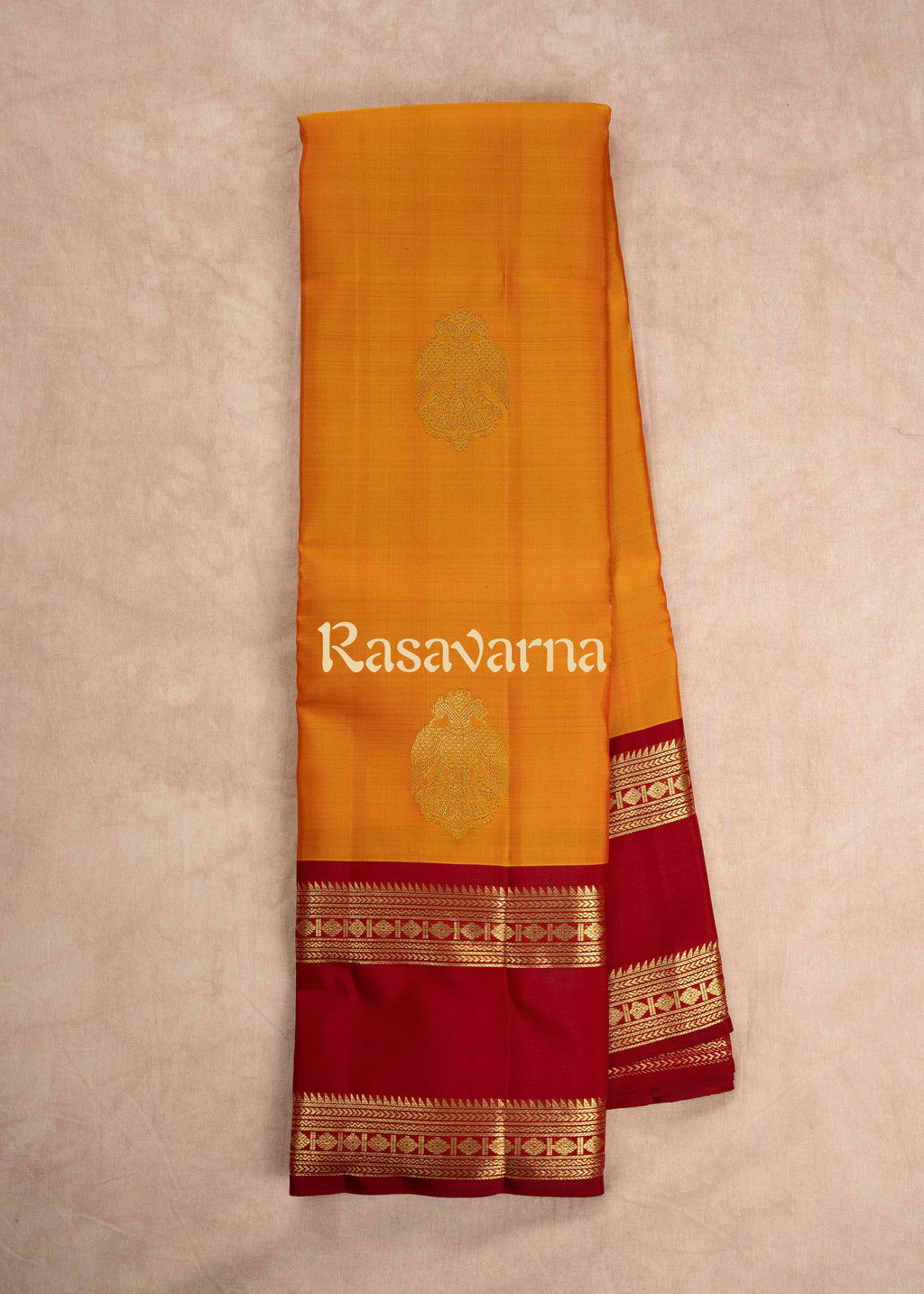 Gold Pure Silk Kanchipuram Pattu Saree with Maroon Border