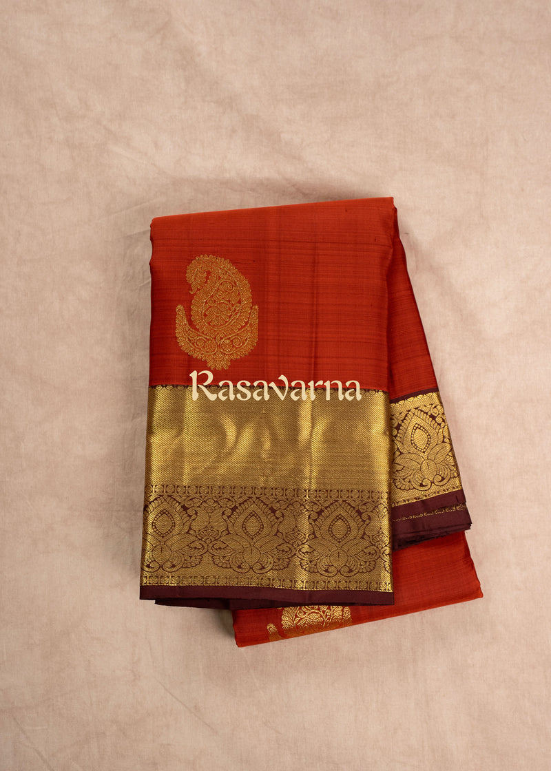 Rust Pure Silk Kanchipuram Pattu Saree with Chocolate Border