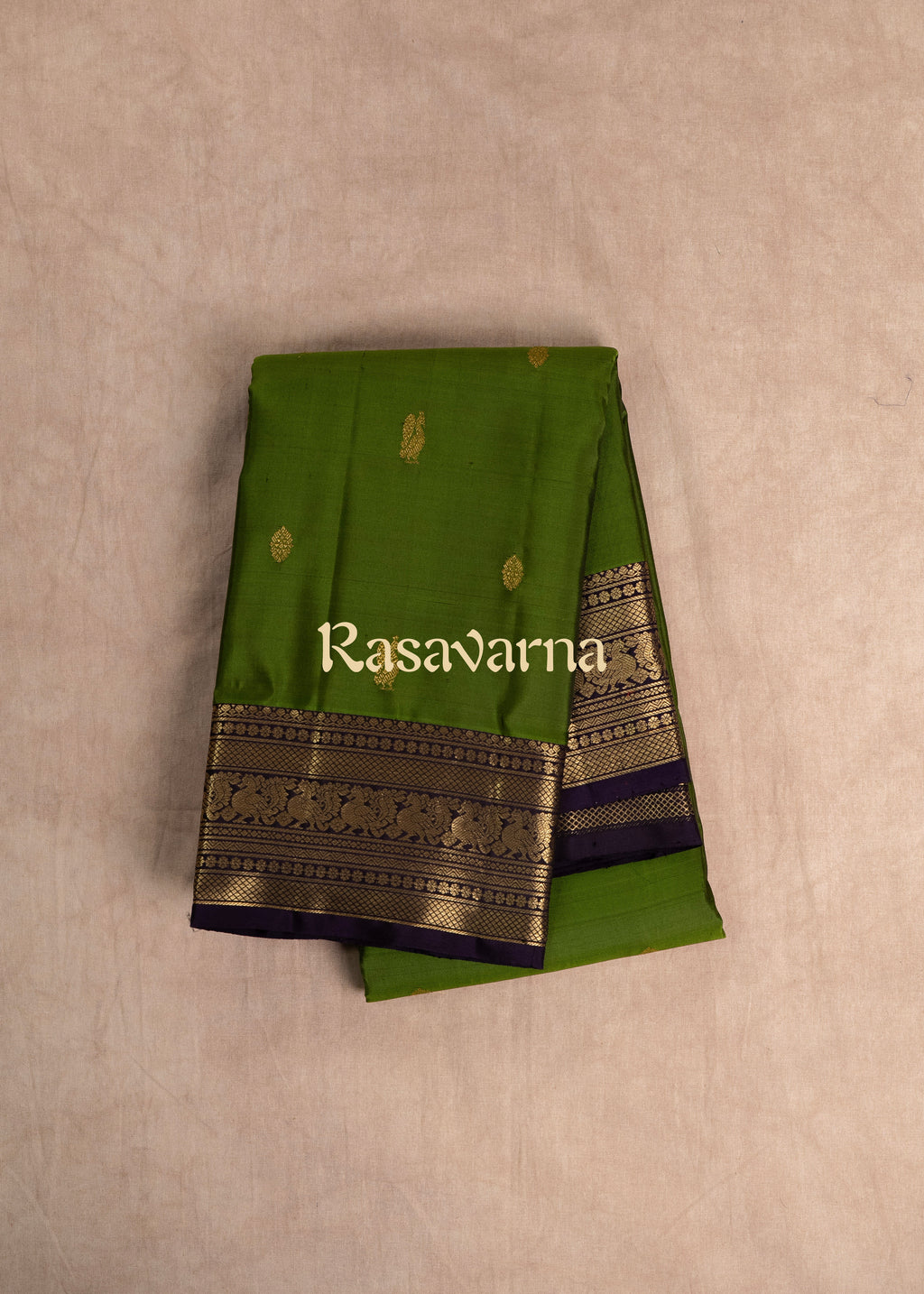 Olive Green Pure Silk Kanchipuram Pattu Saree with Navy Blue Border