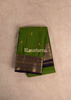 Olive Green Pure Silk Kanchipuram Pattu Saree with Navy Blue Border