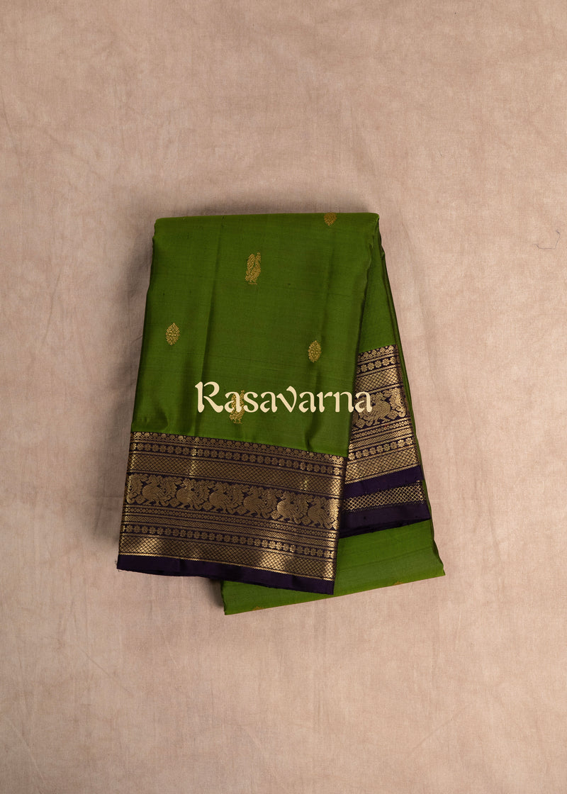 Olive Green Pure Silk Kanchipuram Pattu Saree with Navy Blue Border