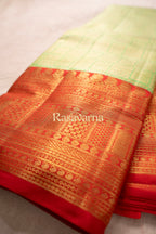 Pista Green Pure Silk Kanchipuram Pattu Saree with Red Border