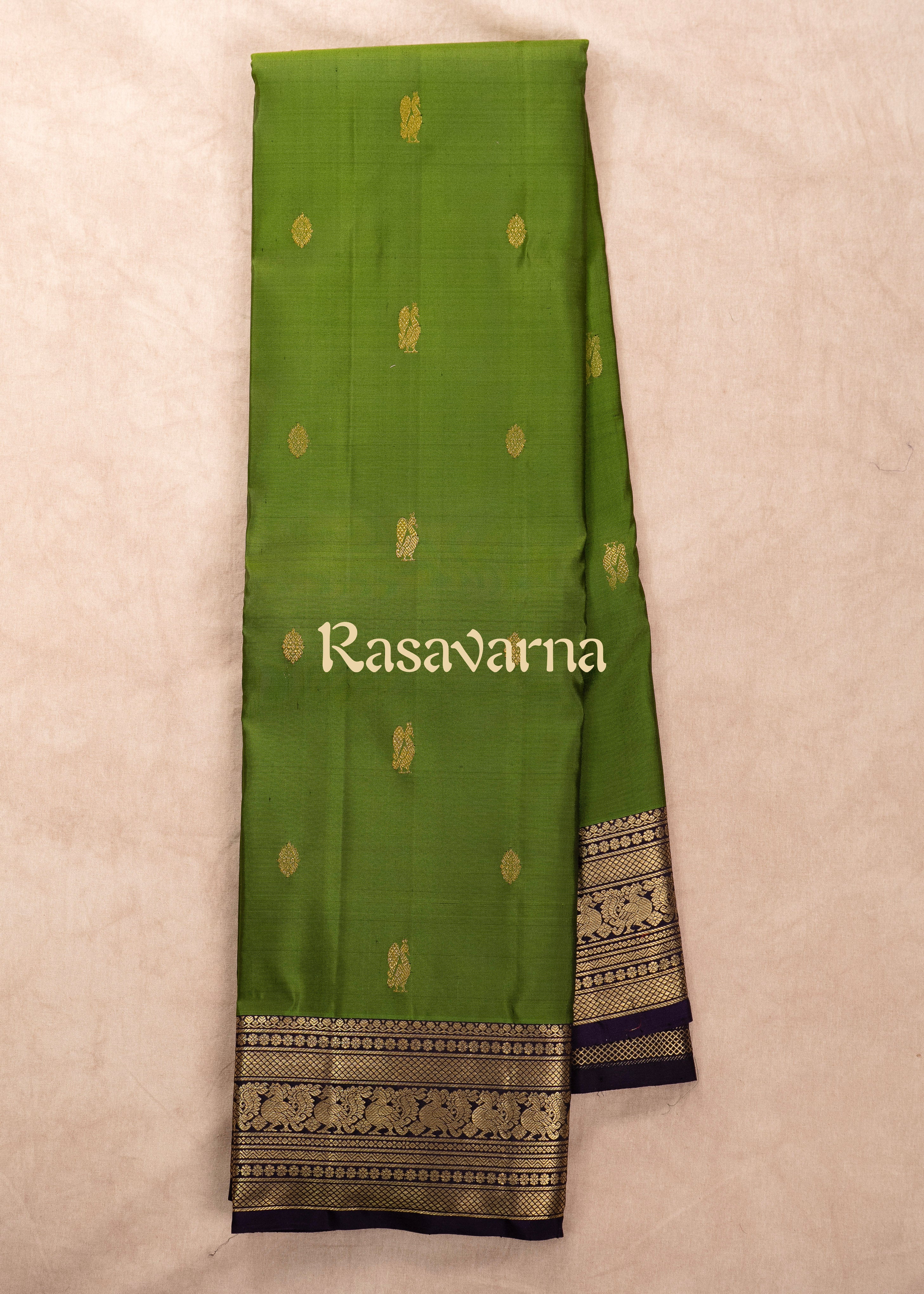 Olive Green Pure Silk Kanchipuram Pattu Saree with Navy Blue Border