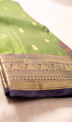 Olive Green Pure Silk Kanchipuram Pattu Saree with Navy Blue Border