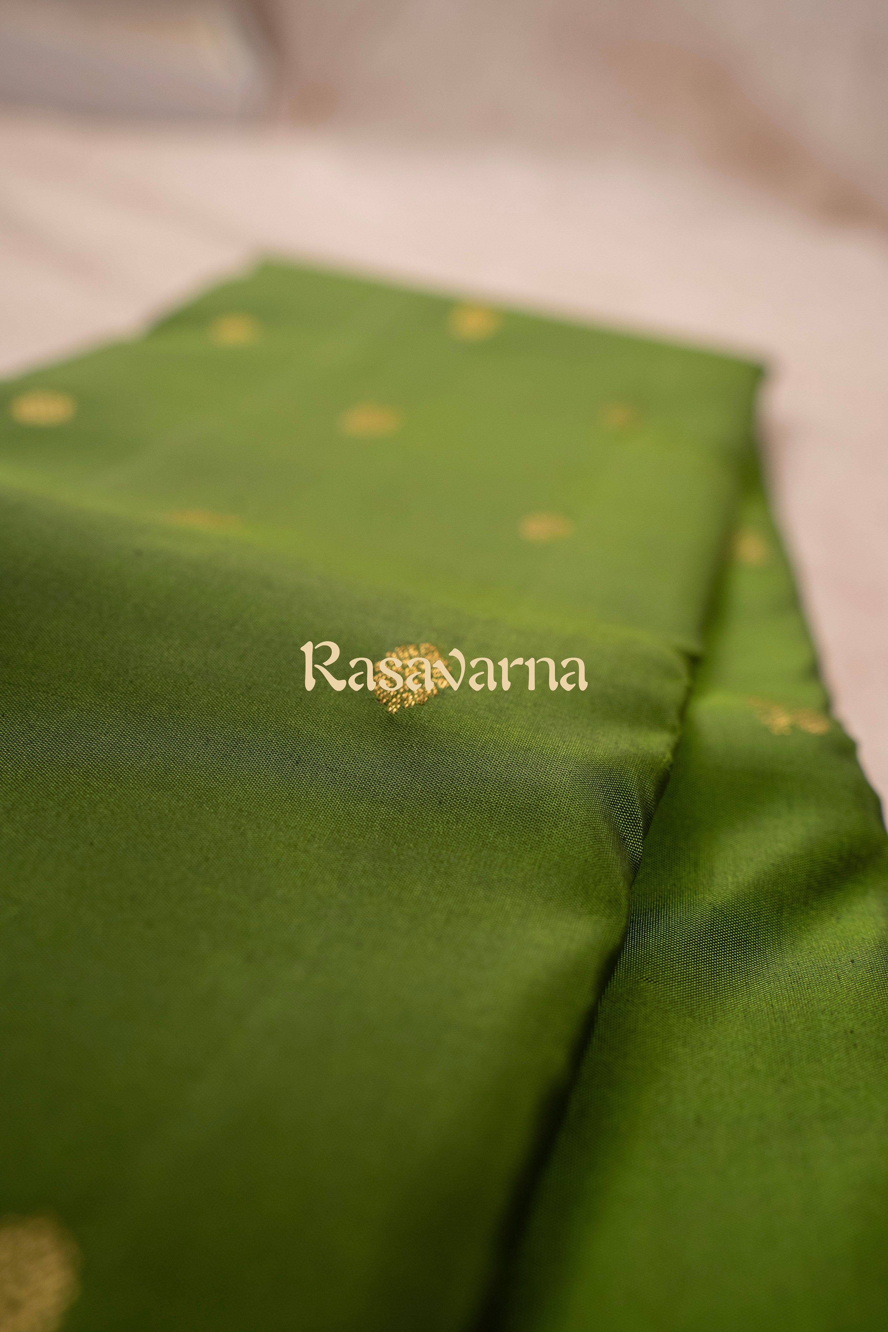 Olive Green Pure Silk Kanchipuram Pattu Saree with Navy Blue Border