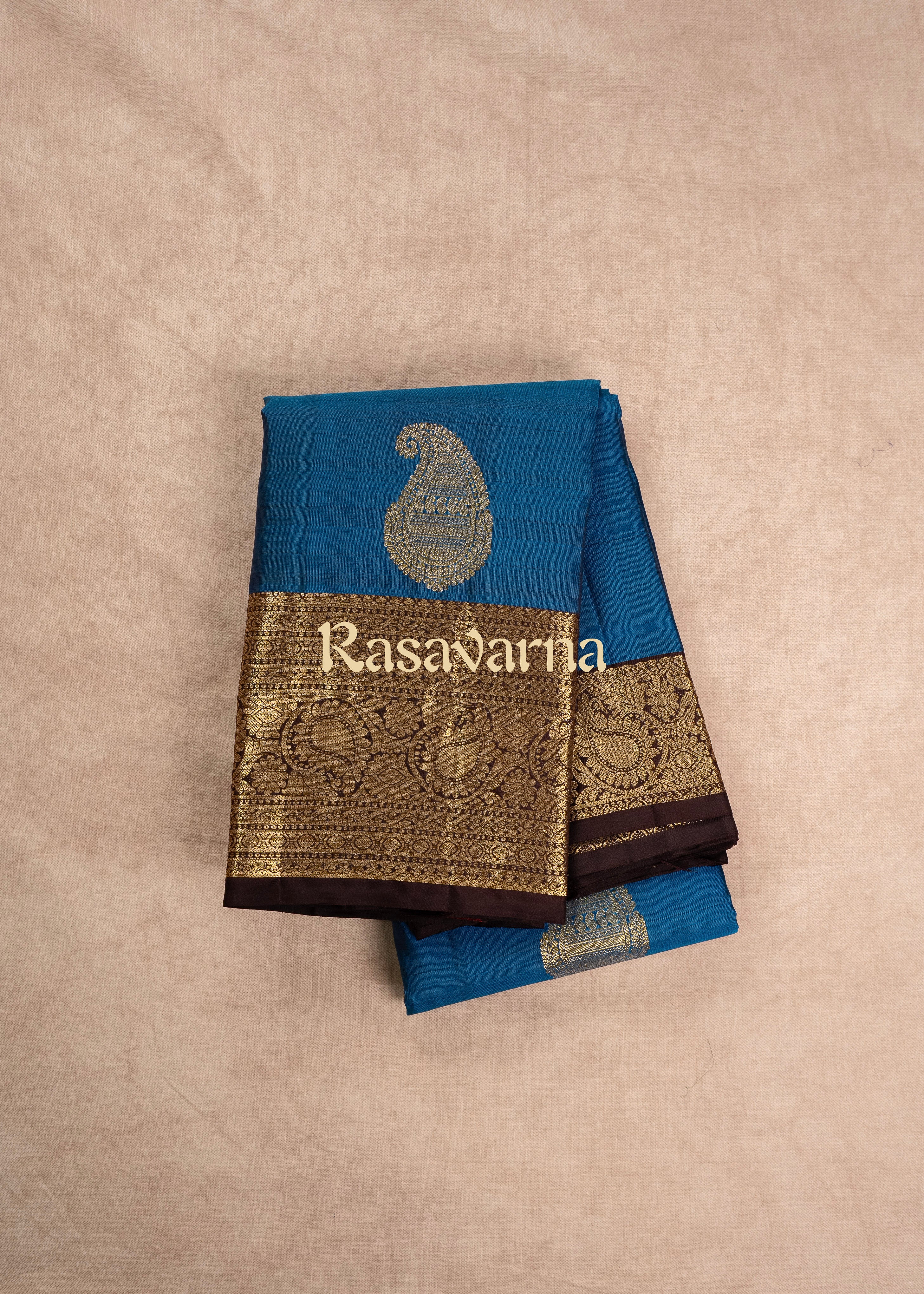 Deep Blue Pure Silk Kanchipuram Pattu Saree with Chocolate Border