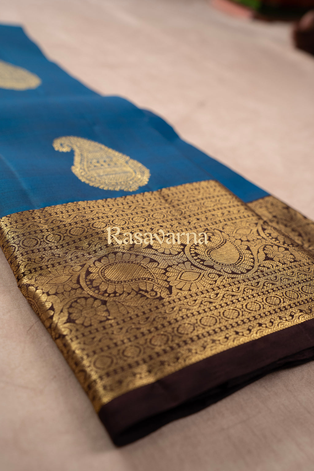 Deep Blue Pure Silk Kanchipuram Pattu Saree with Chocolate Border