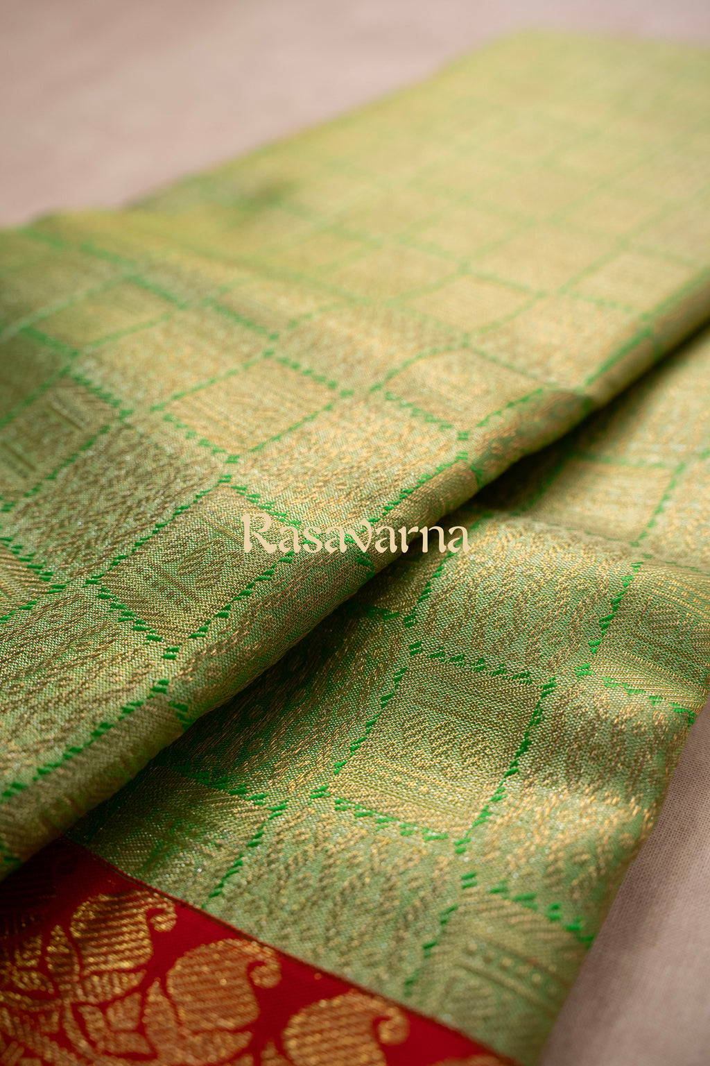 Pista Green Pure Silk Kanchipuram Pattu Saree with Red Border