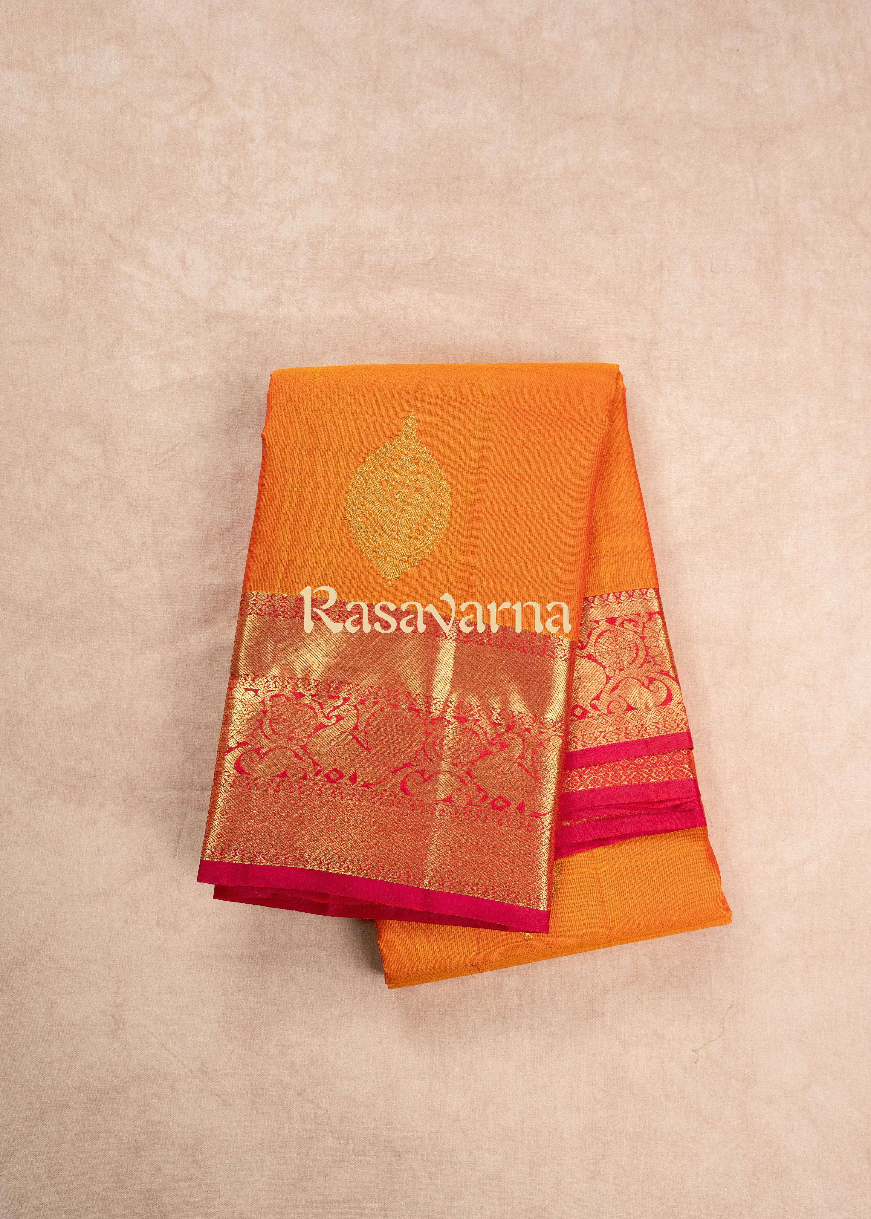 Orange Pure Silk Kanchipuram Pattu Saree with Roja Pink Border