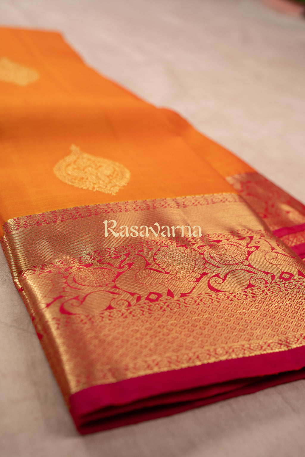 Orange Pure Silk Kanchipuram Pattu Saree with Roja Pink Border