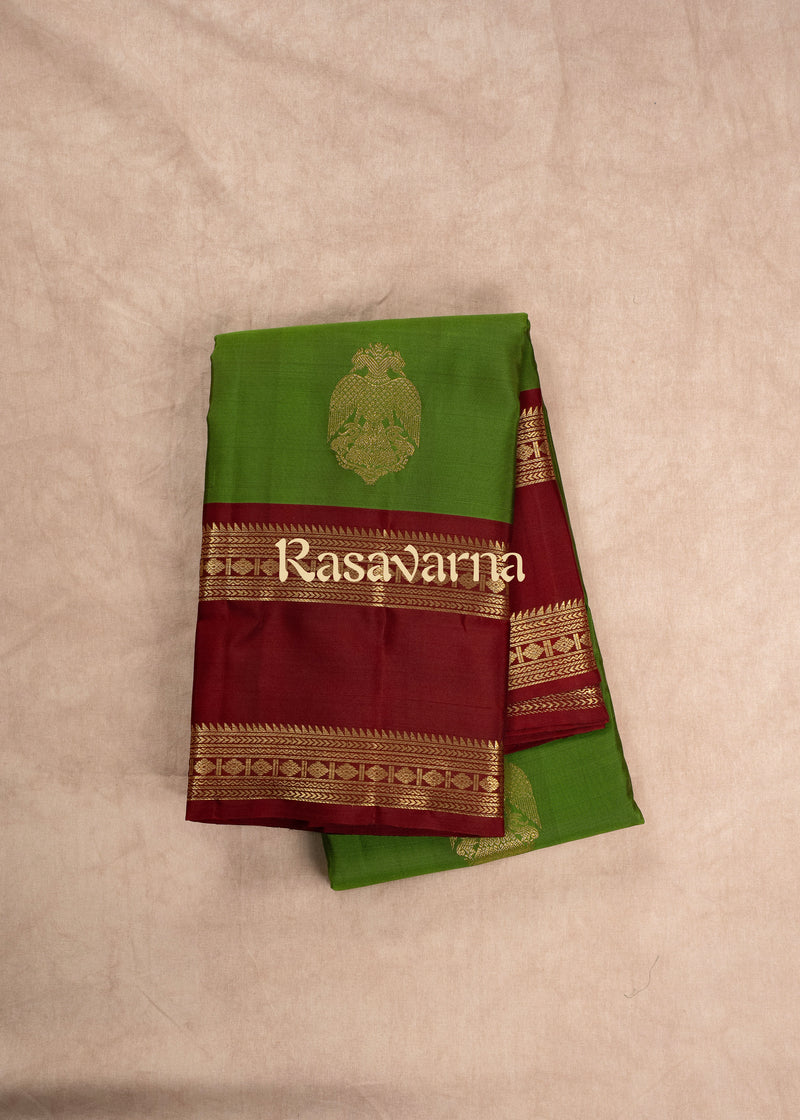 Green Pure Silk Kanchipuram Pattu Saree with Maroon Border
