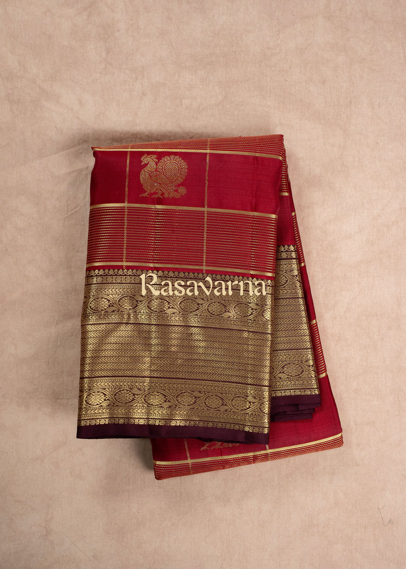 Red Pure Silk Kanchipuram Pattu Saree with Chocolate Border