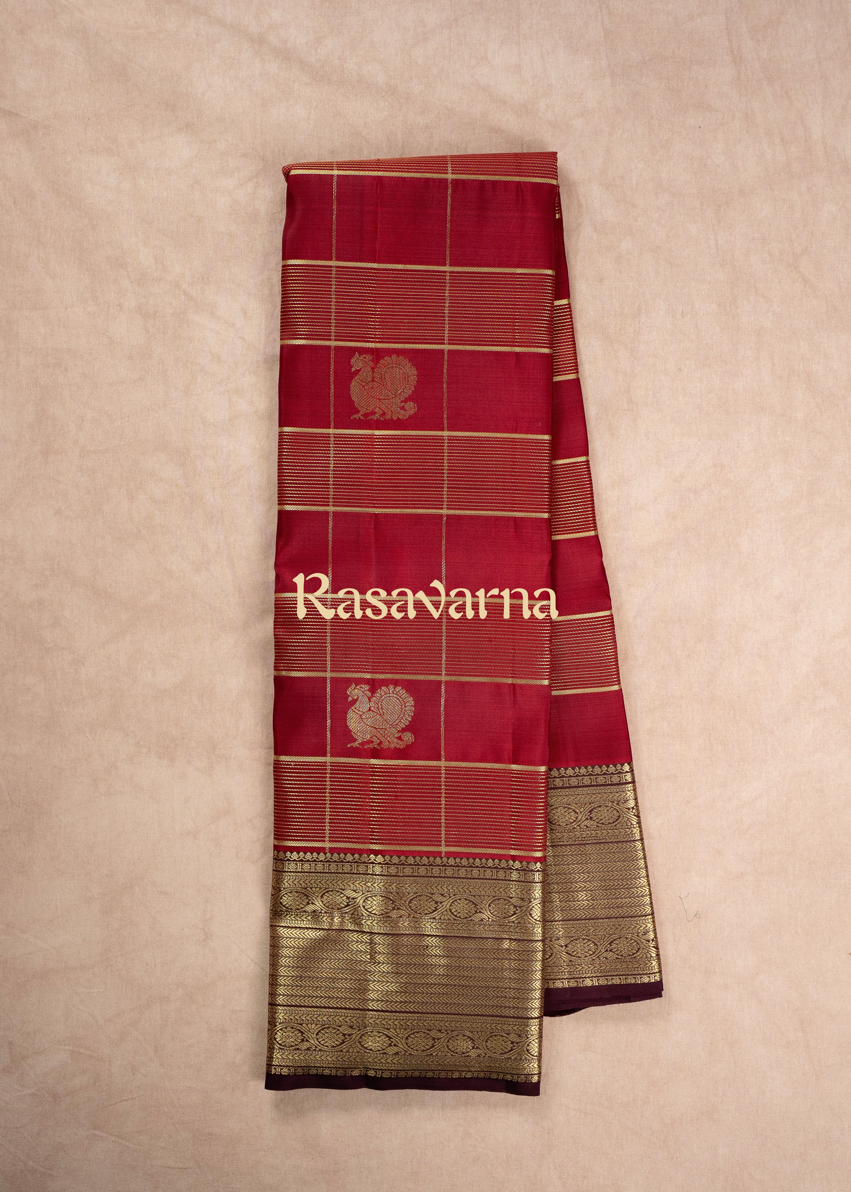 Red Pure Silk Kanchipuram Pattu Saree with Chocolate Border