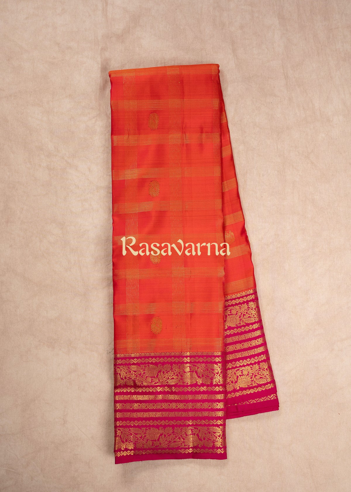 Orange Pure Silk Kanchipuram Pattu Saree with Roja Pink Border