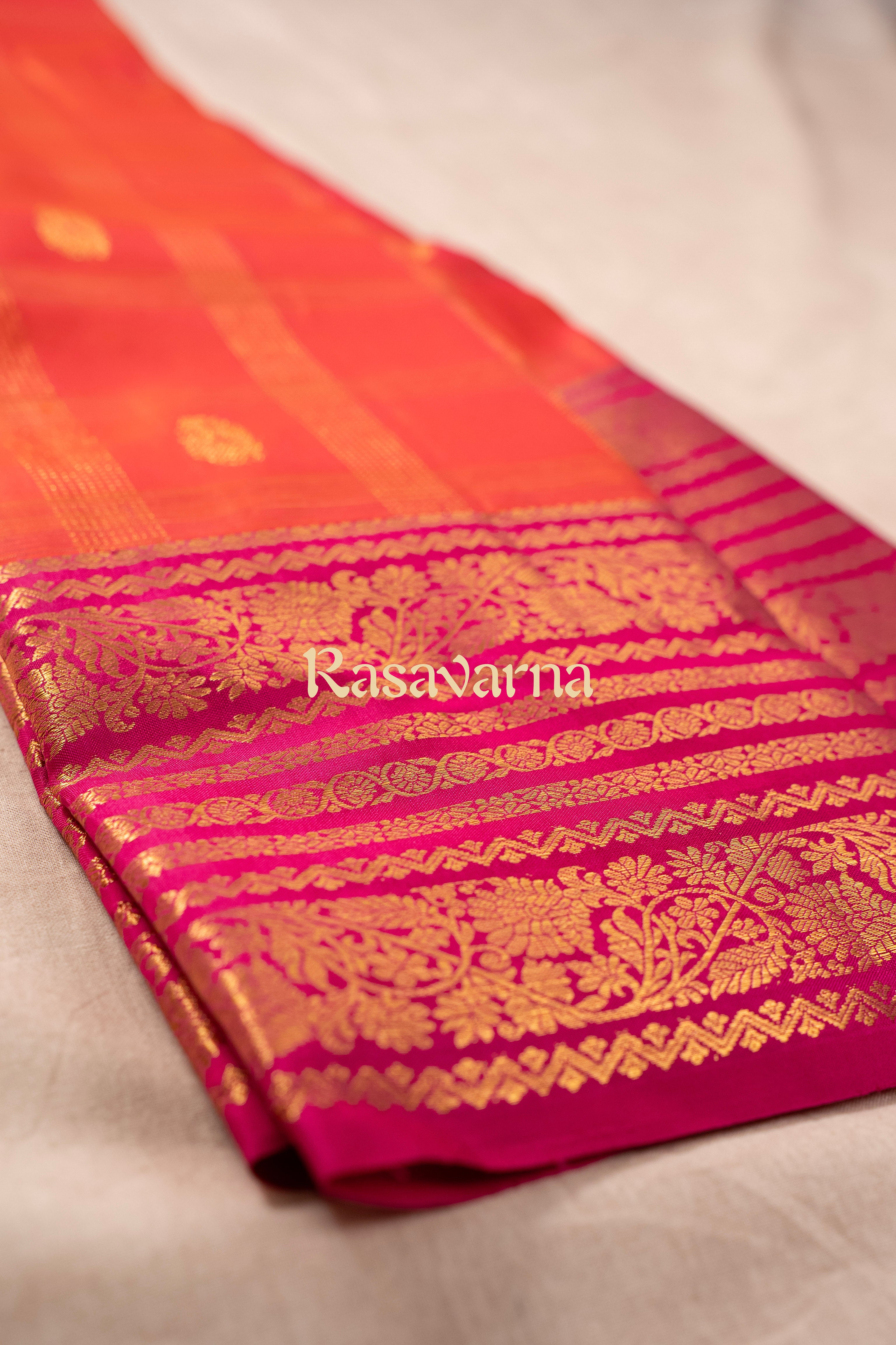 Orange Pure Silk Kanchipuram Pattu Saree with Roja Pink Border