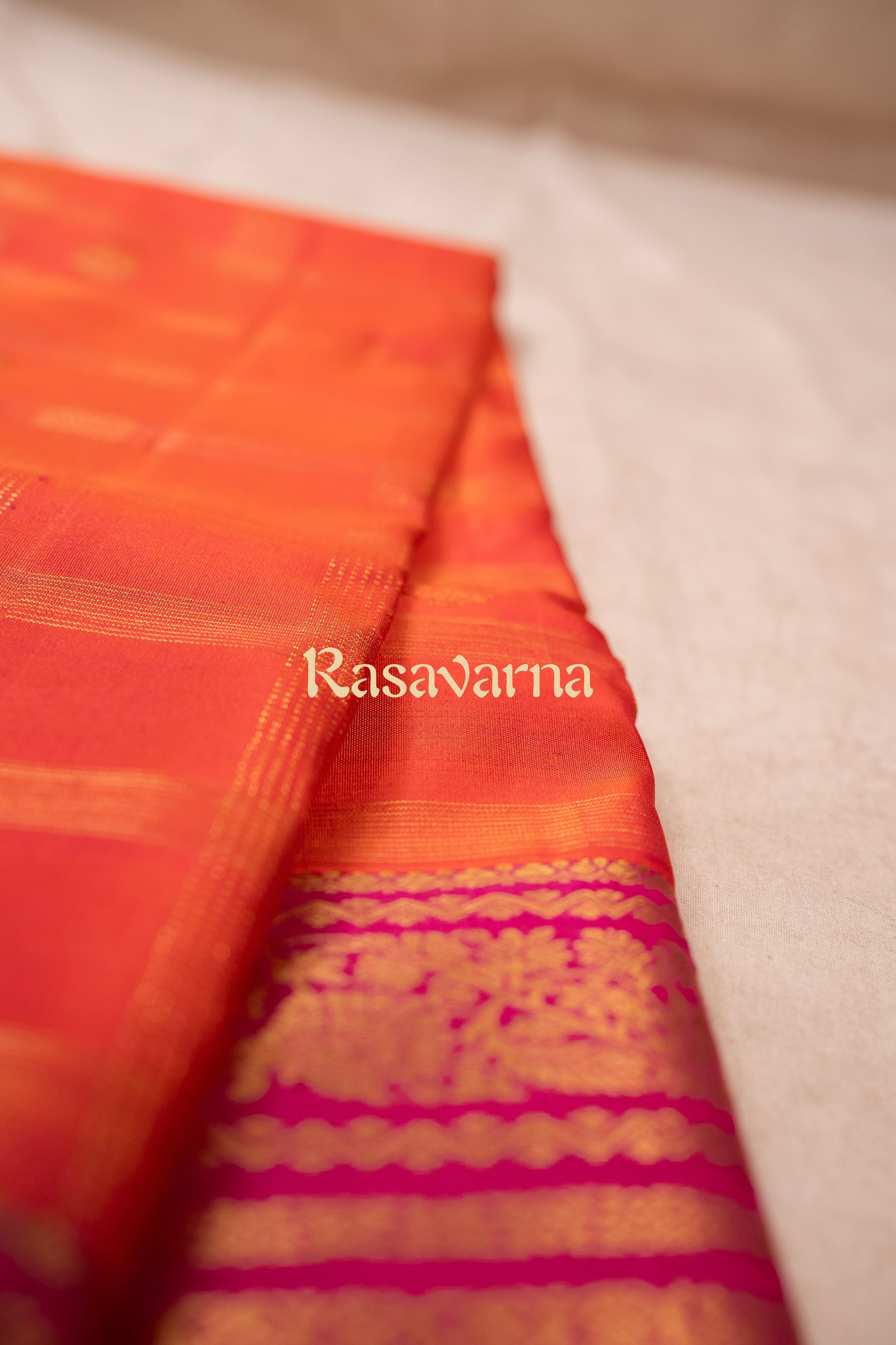 Orange Pure Silk Kanchipuram Pattu Saree with Roja Pink Border