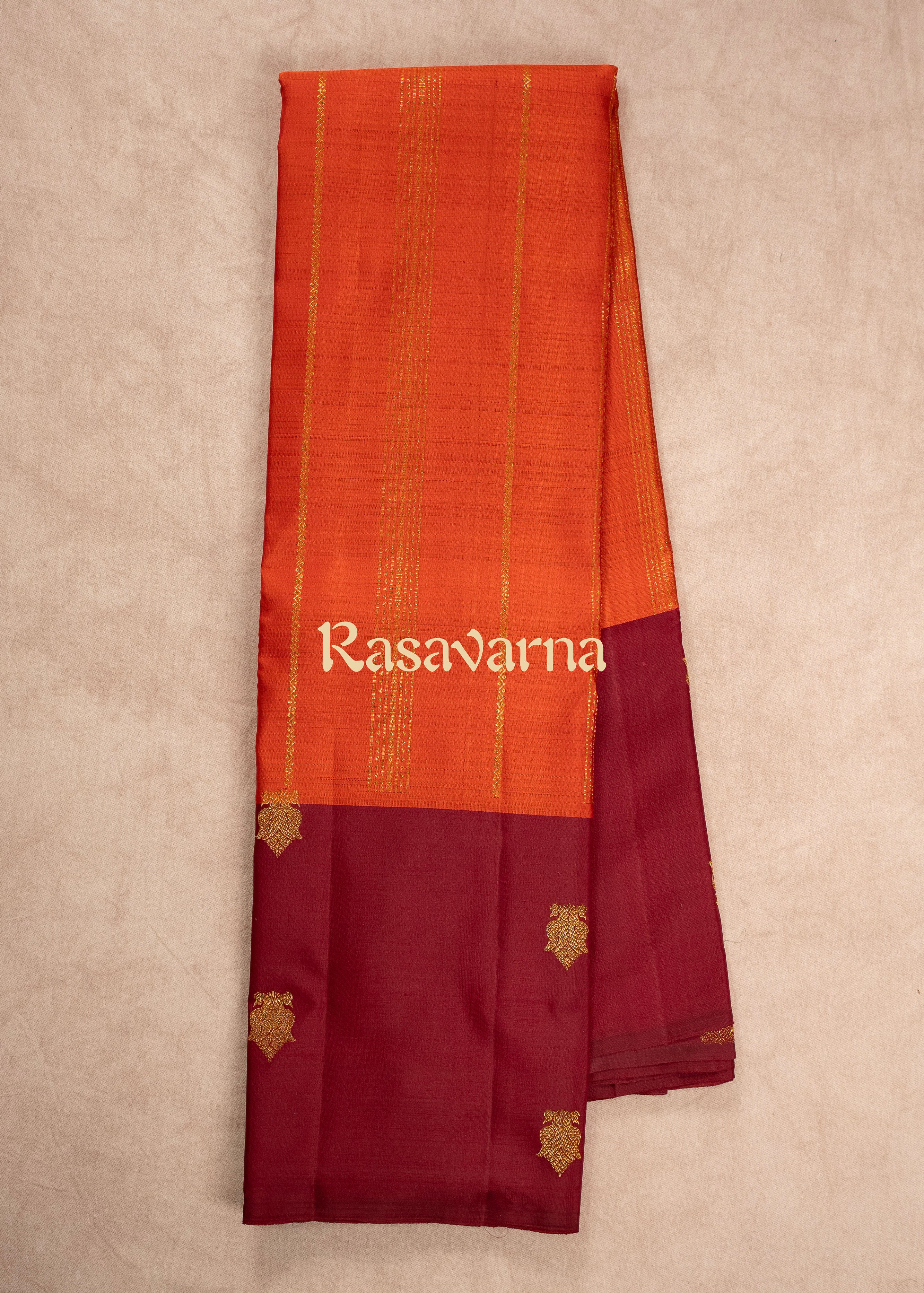 Orange Pure Silk Kanchipuram Pattu Saree with Maroon Border