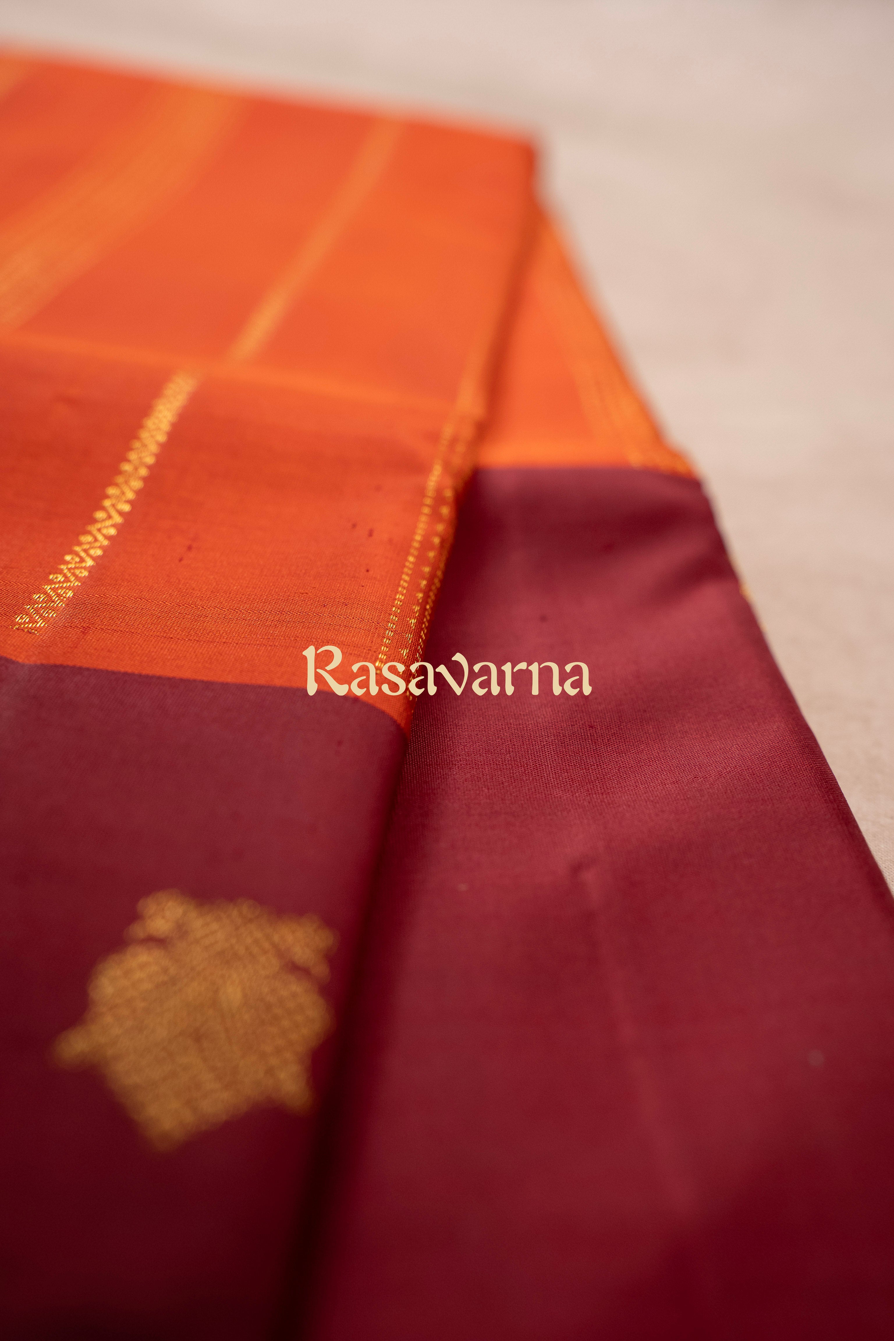 Orange Pure Silk Kanchipuram Pattu Saree with Maroon Border