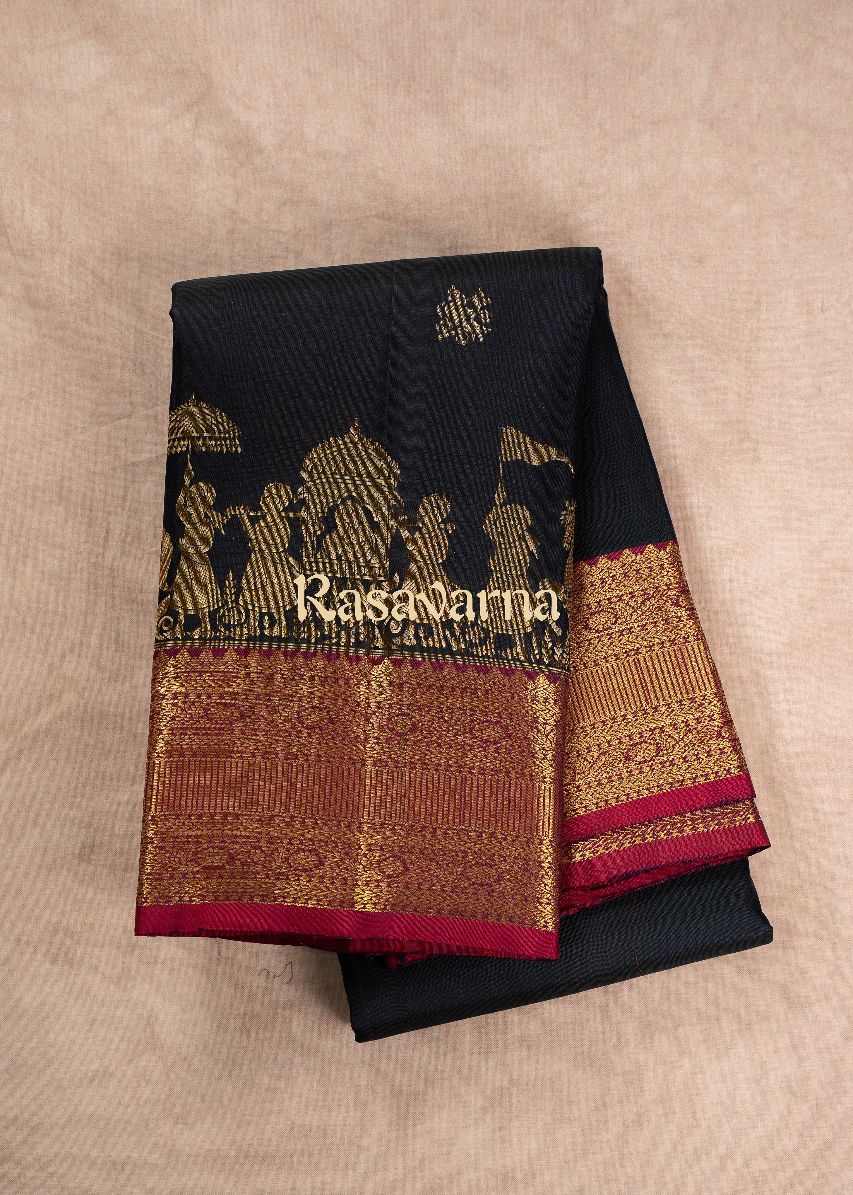 Navy Blue Pure Silk Kanchipuram Pattu Saree with Roja Pink Border