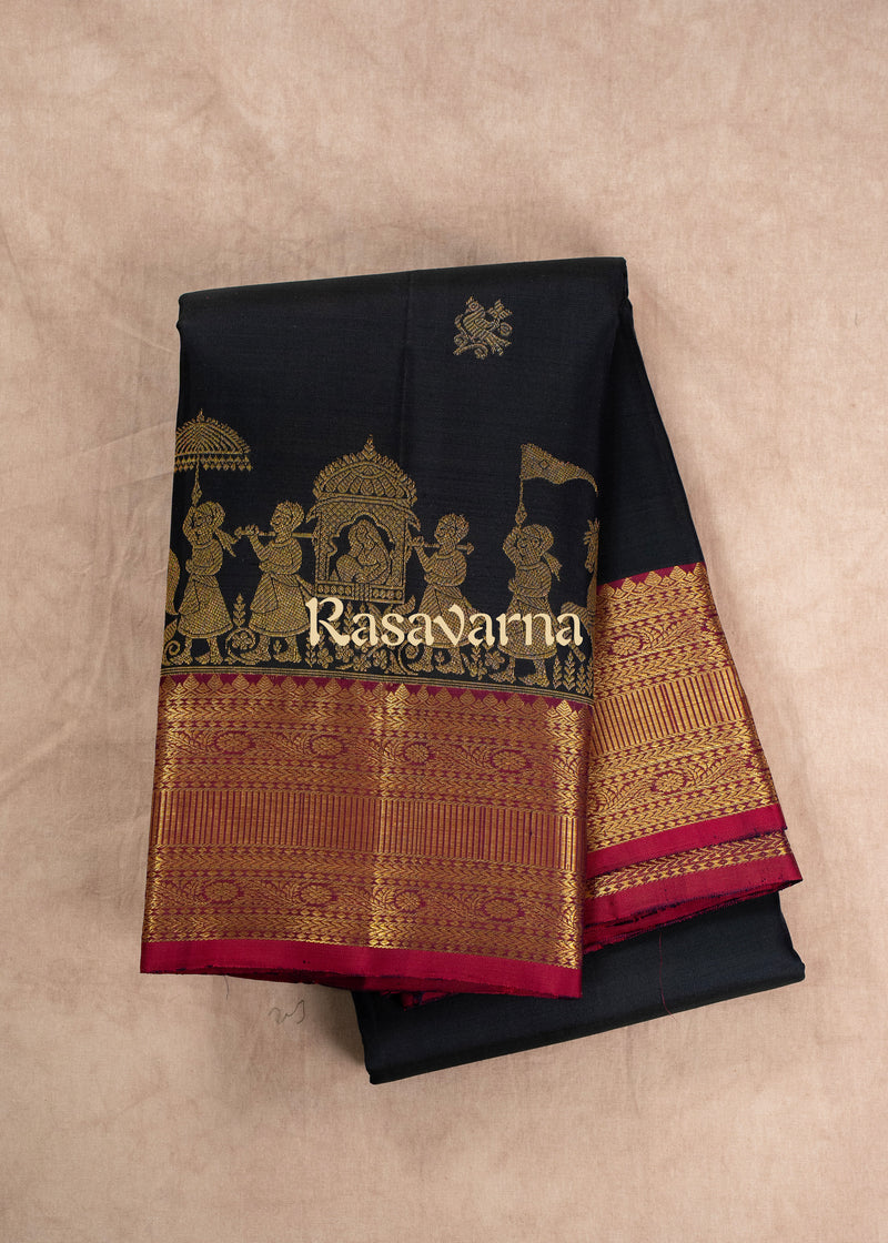 Navy Blue Pure Silk Kanchipuram Pattu Saree with Roja Pink Border
