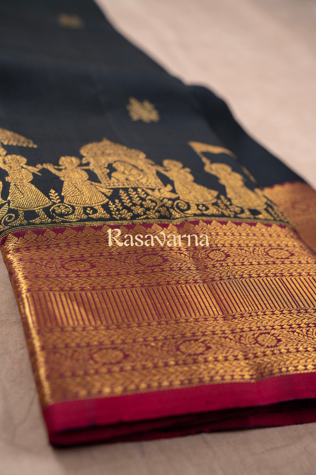 Navy Blue Pure Silk Kanchipuram Pattu Saree with Roja Pink Border