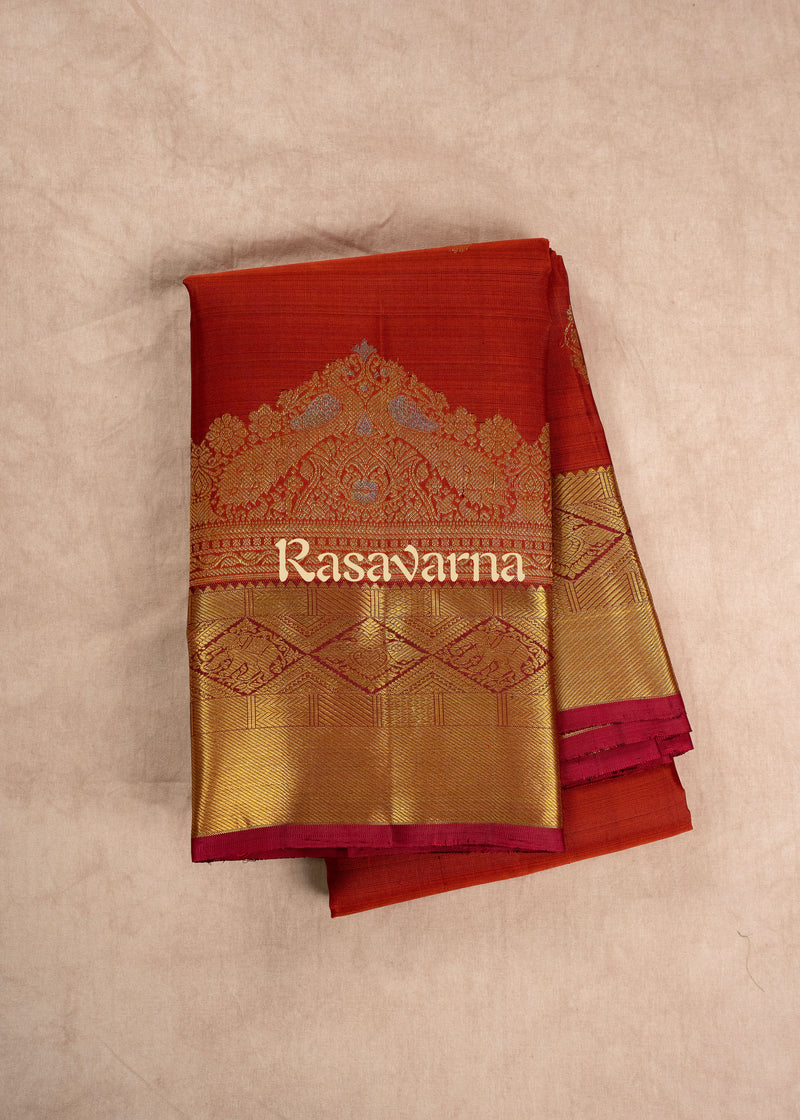 Rust Pure Silk Kanchipuram Pattu Saree with Maroon Border