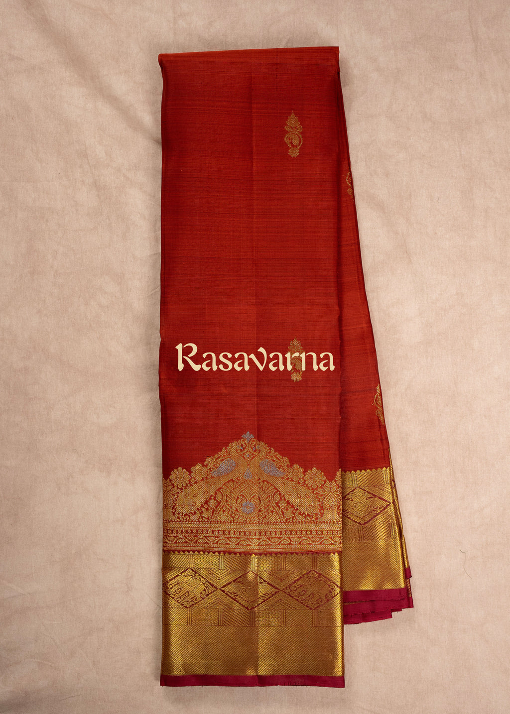 Rust Pure Silk Kanchipuram Pattu Saree with Maroon Border